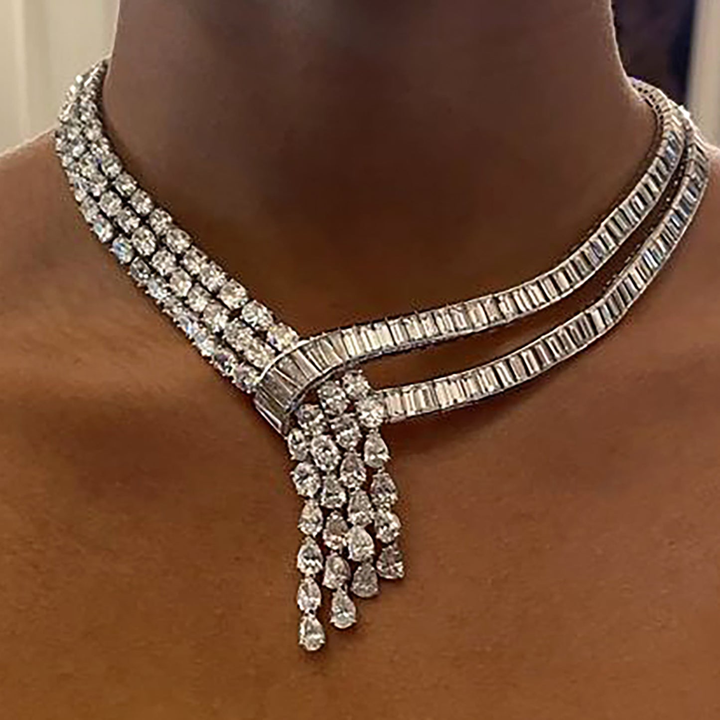 1970s Platinum Diamond Necklace worn on neck