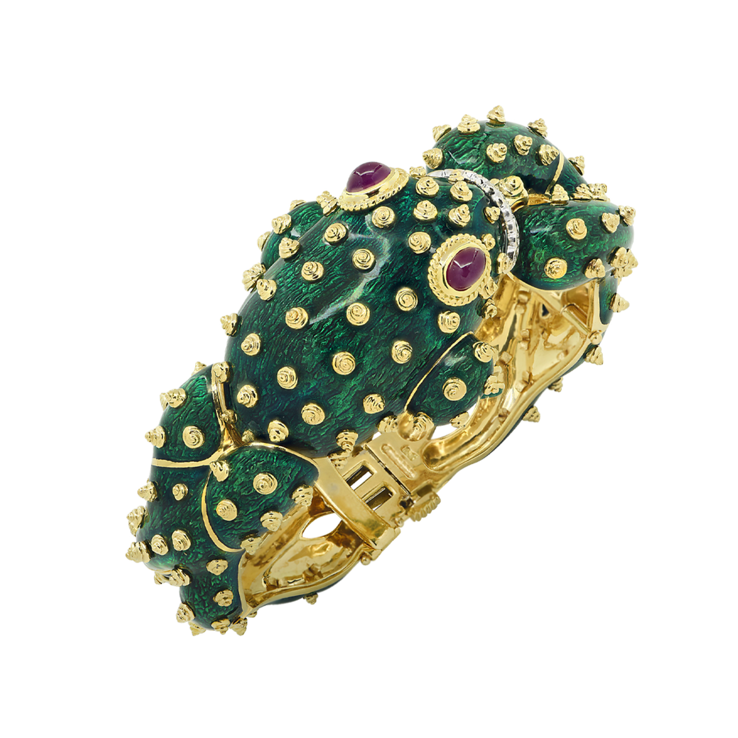 1980s 18KT Yellow Gold Ruby, Diamond & Enamel Frog Bracelet front