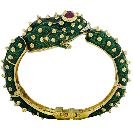 1980s 18KT Yellow Gold Ruby, Diamond & Enamel Frog Bracelet profile