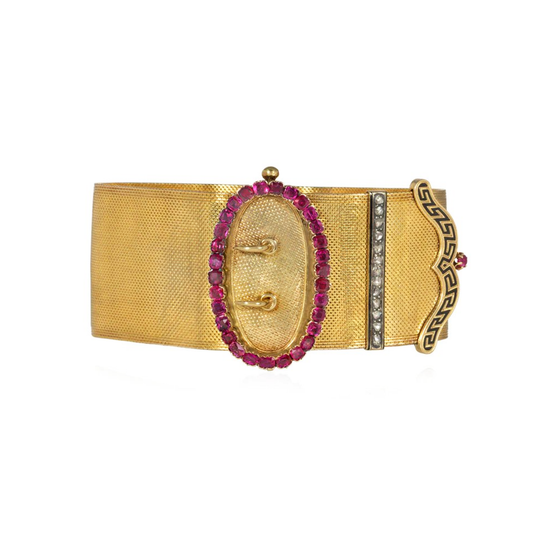 French Antique 18KT Yellow Gold Ruby, Diamond & Enamel Buckle Bracelet front