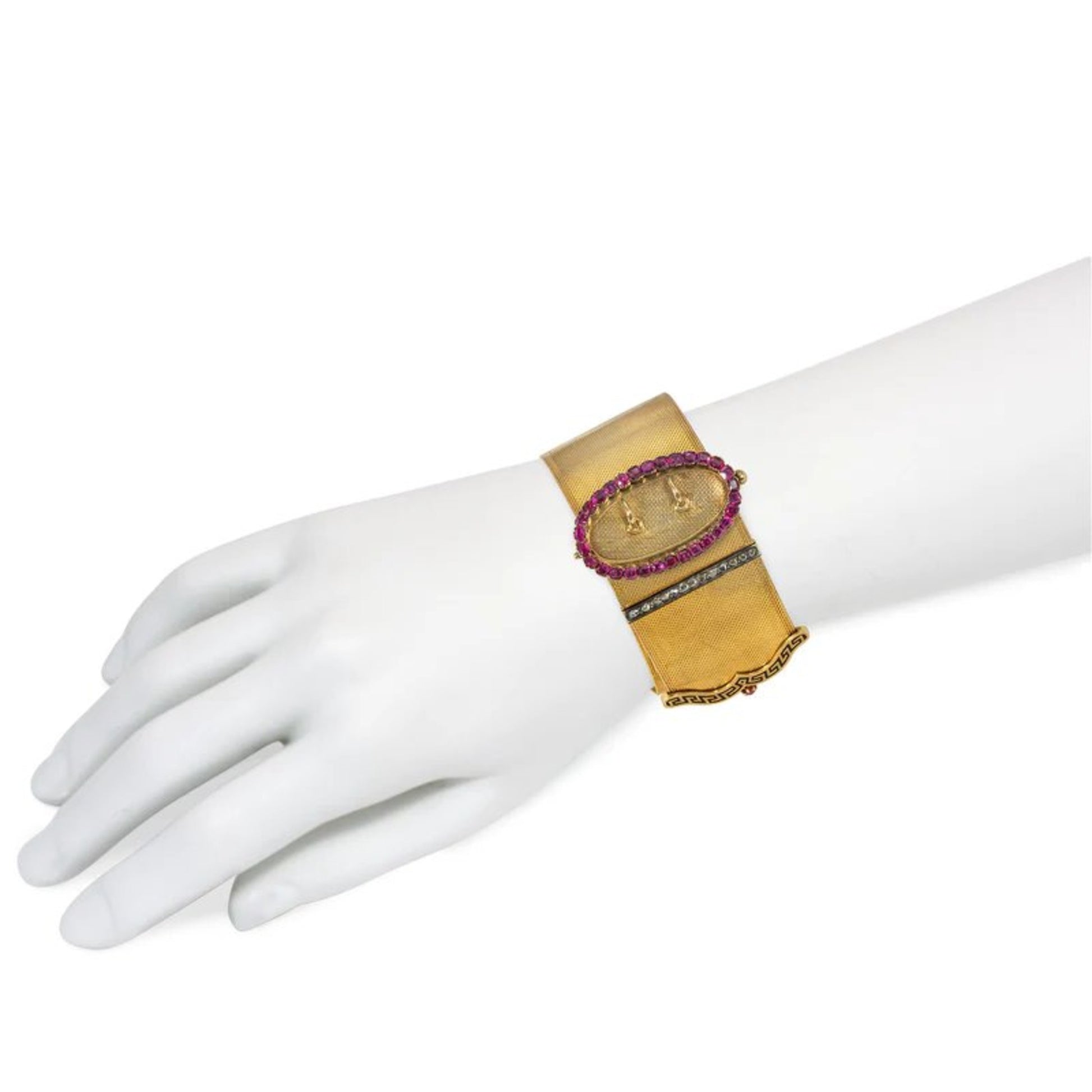 French Antique 18KT Yellow Gold Ruby, Diamond & Enamel Buckle Bracelet on wrist