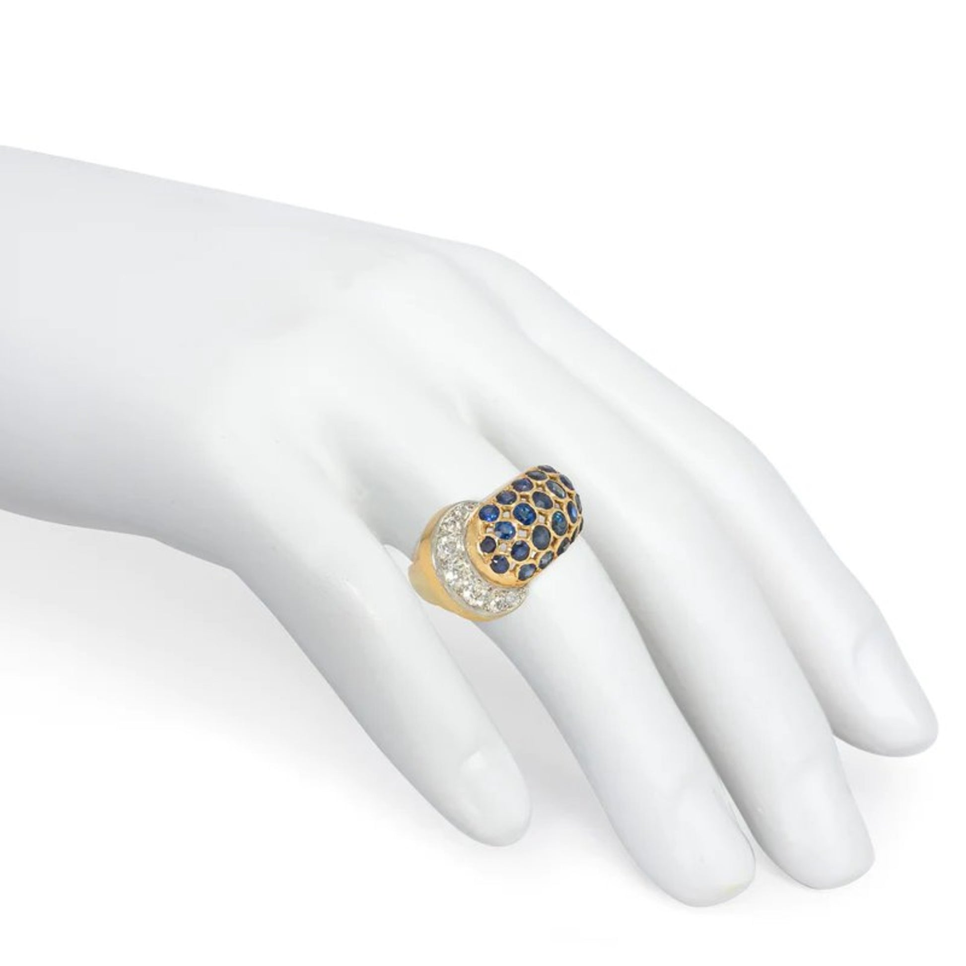 1950s Platinum & 18KT Yellow Gold Sapphire & Diamond Buckle Ring on finger