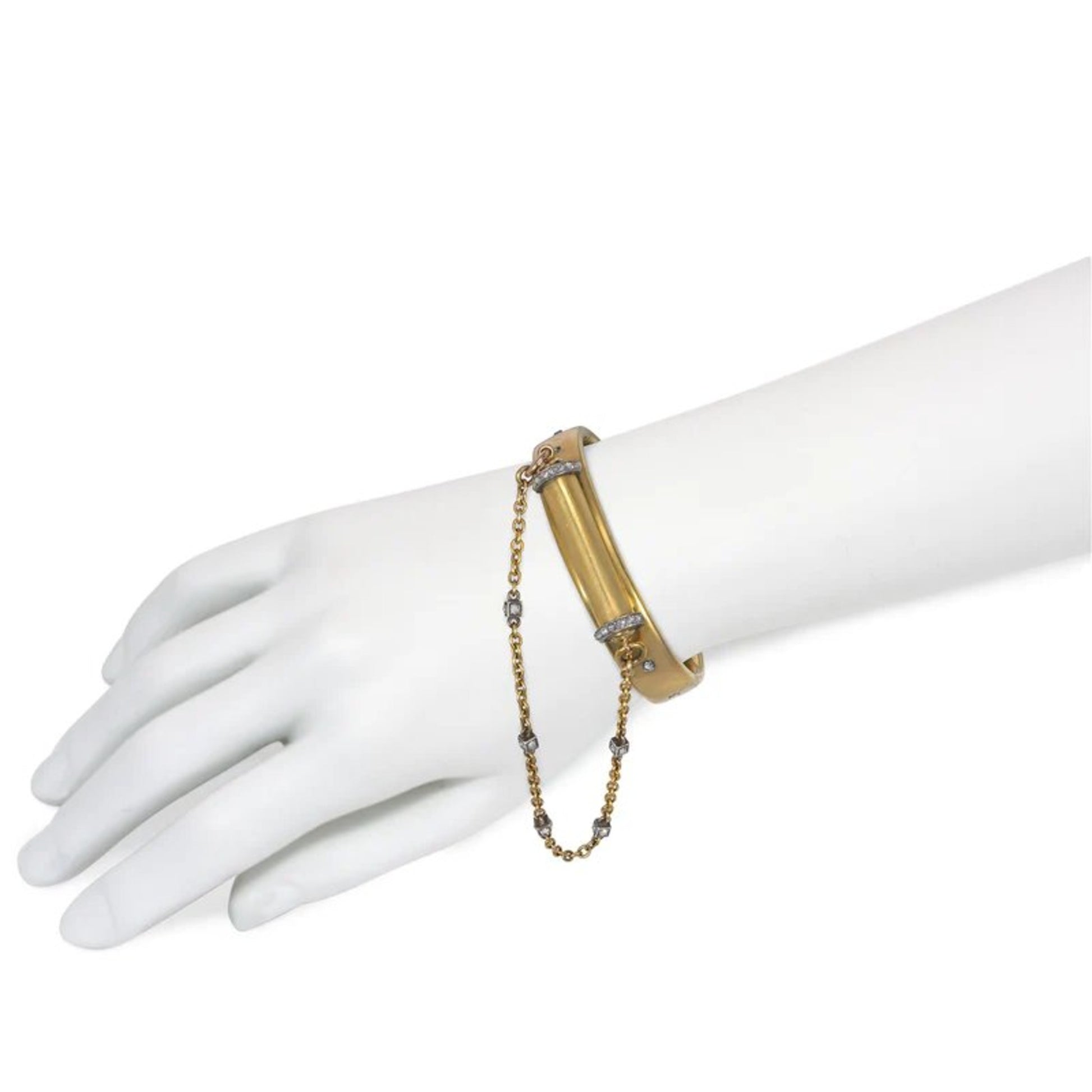 French Victorian Silver & 18KT Yellow Gold Diamond Chain & Pencil Bracelet on wrist