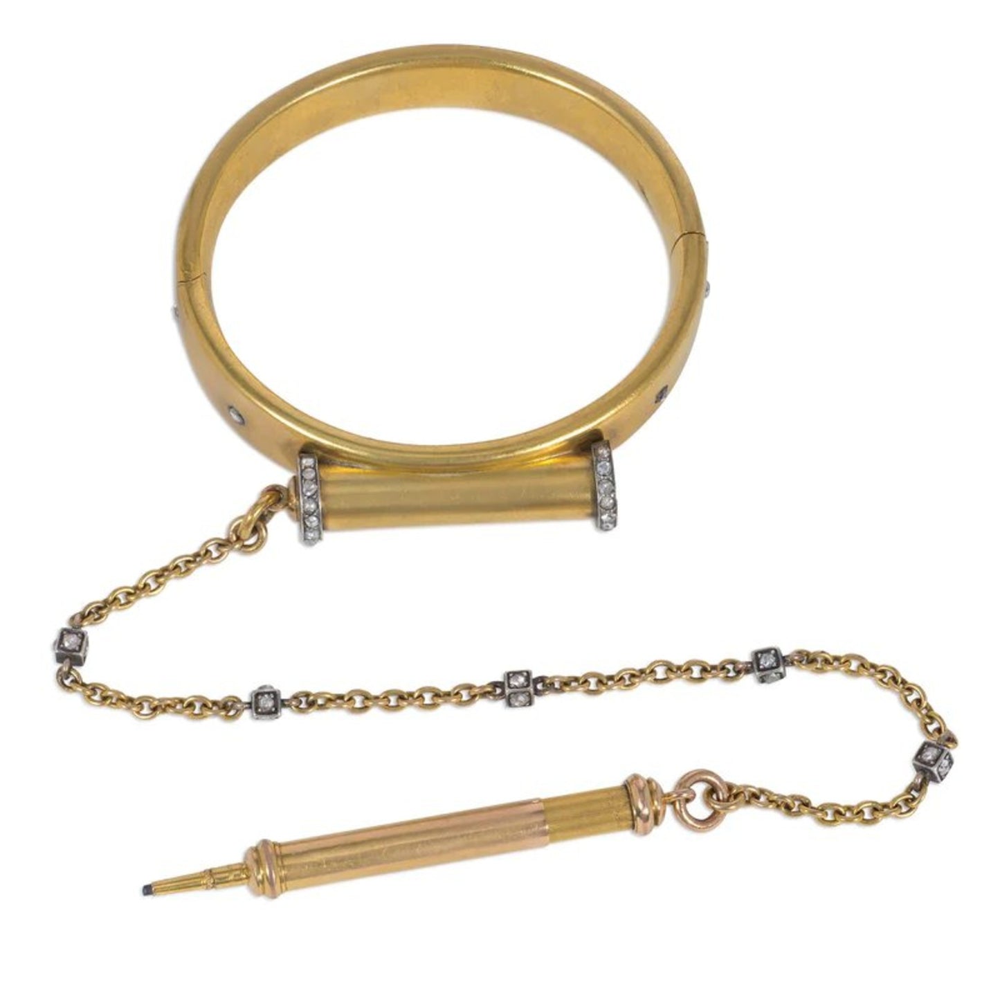 French Victorian Silver & 18KT Yellow Gold Diamond Chain & Pencil Bracelet details