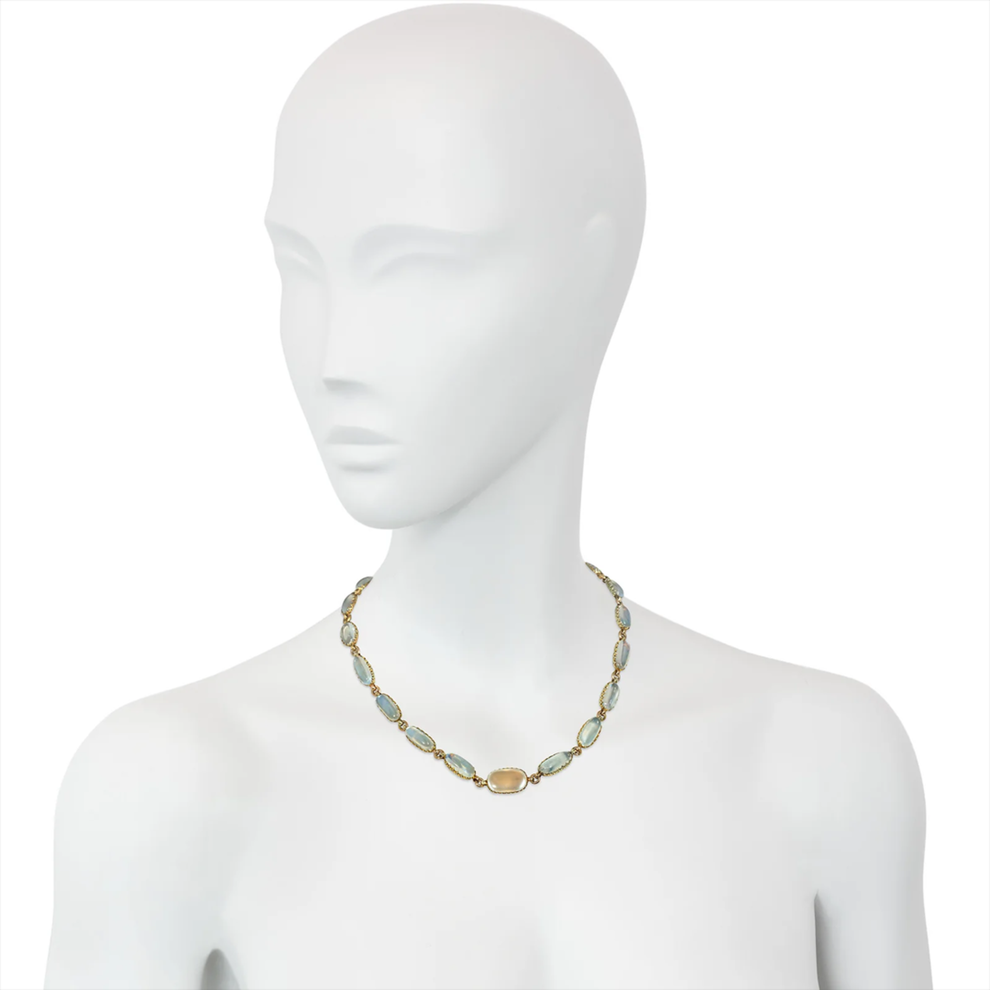 1980s 14KT Yellow Gold Moonstone Rivière Necklace worn on neck