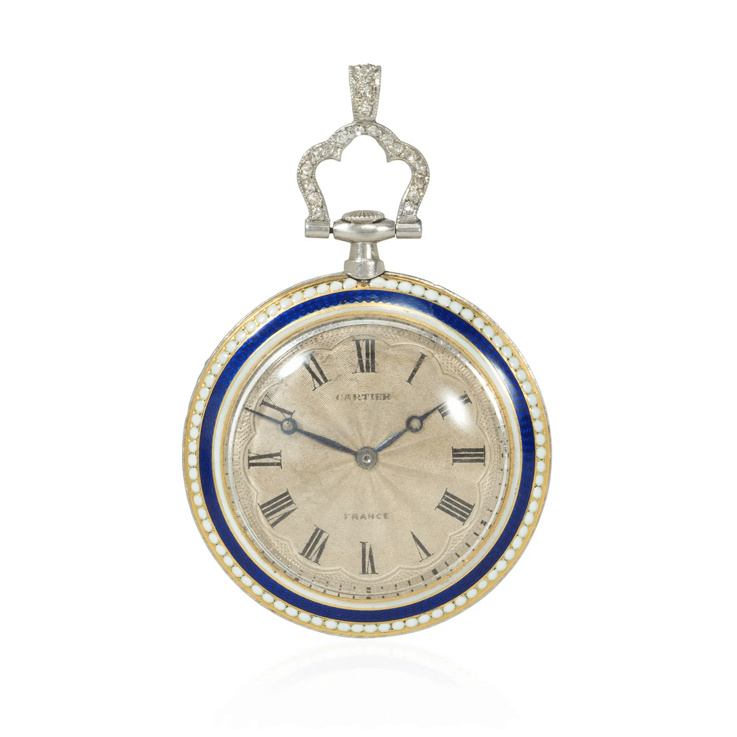 Cartier French Edwardian Platinum & 18KT Yellow Gold Diamond & Enamel Watch Pendant watch face