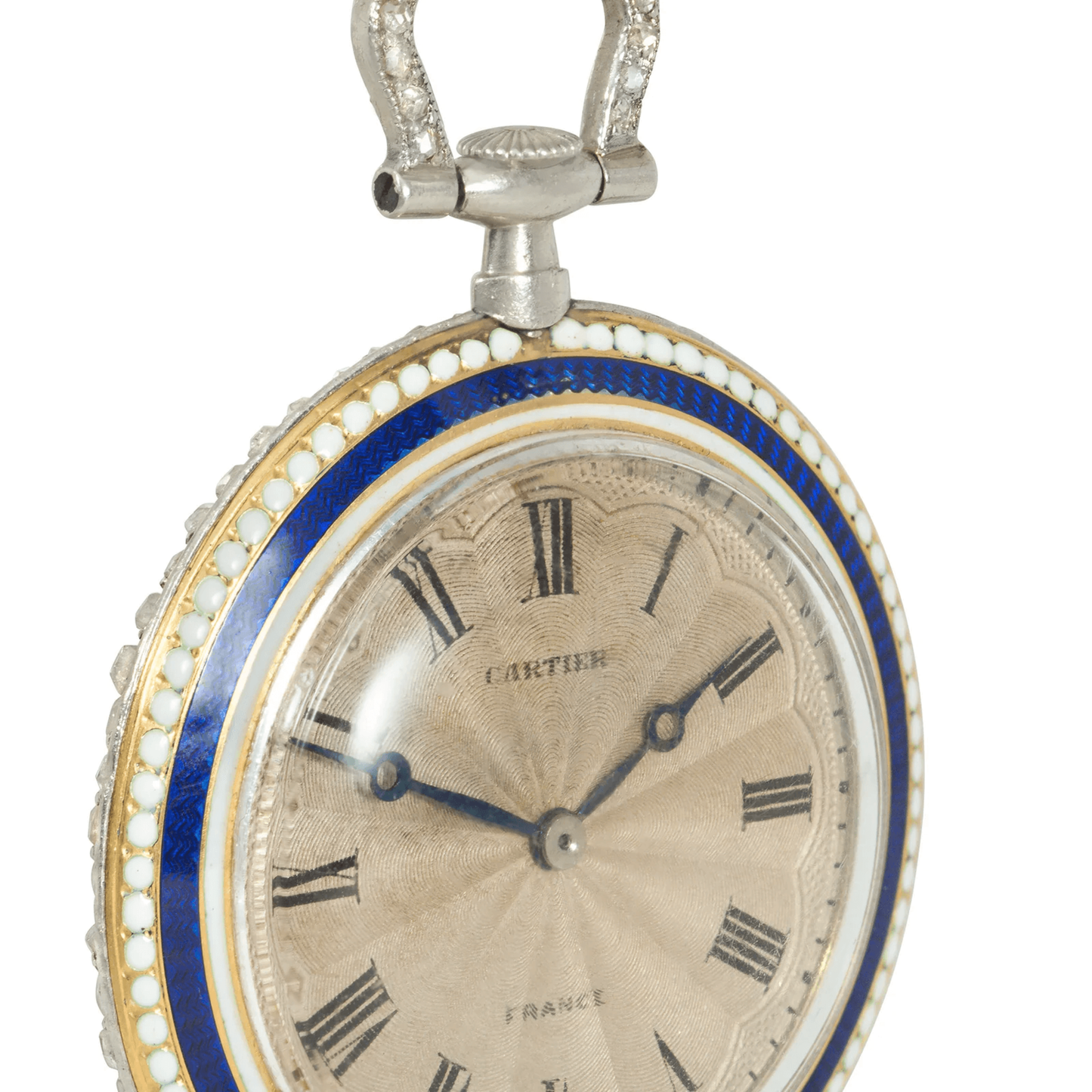 Cartier French Edwardian Platinum & 18KT Yellow Gold Diamond & Enamel Watch Pendant close-up of watch face