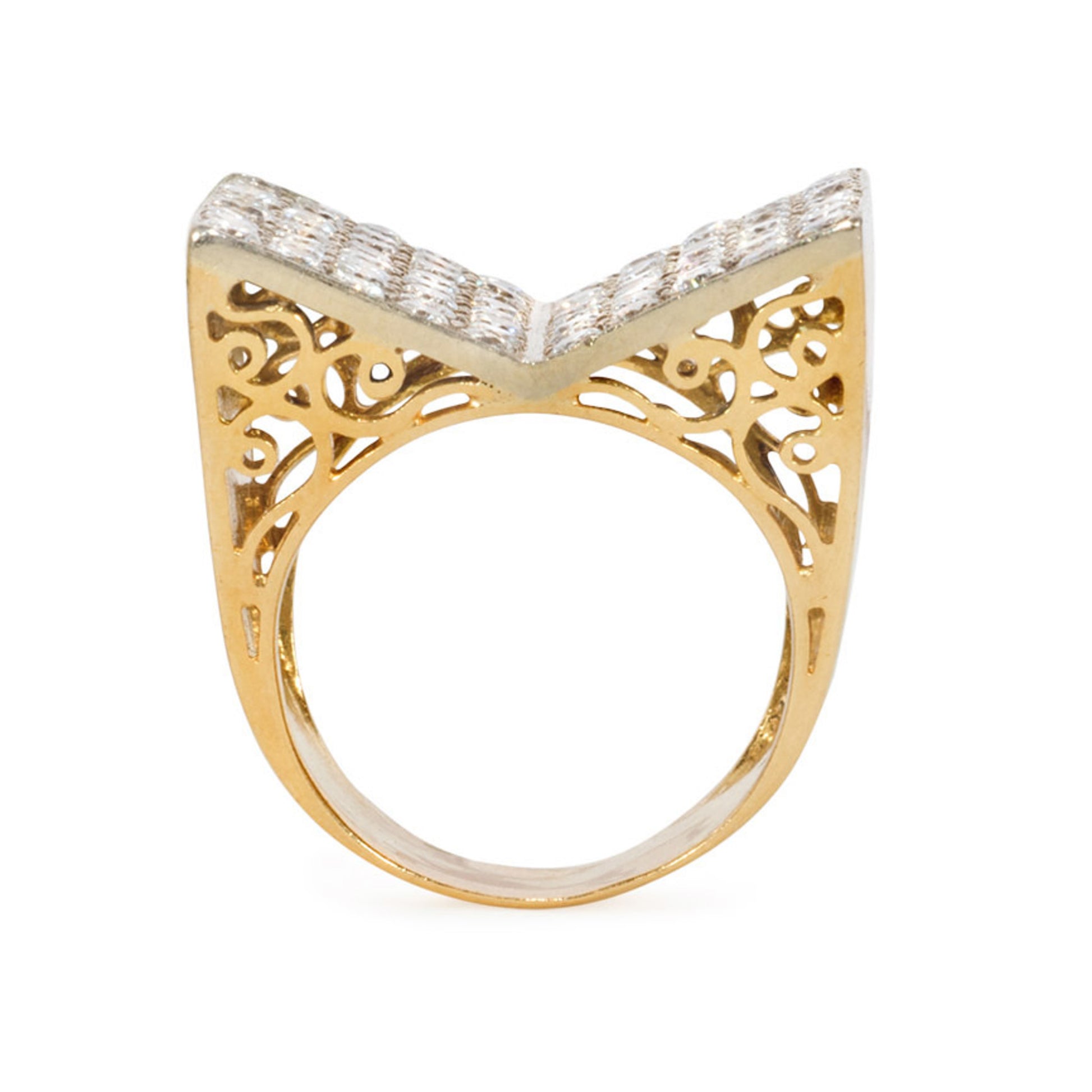 French Retro 18KT Yellow Gold Diamond Double Plaque Ring profile