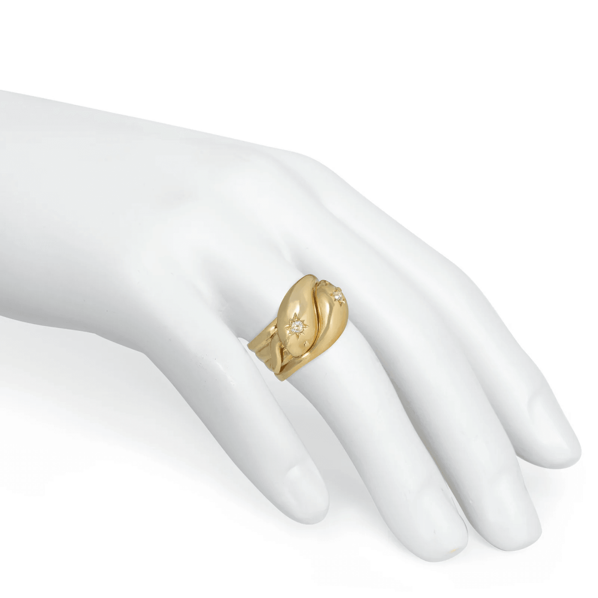 Edwardian 18KT Yellow Gold Diamond Snake Ring worn on finger