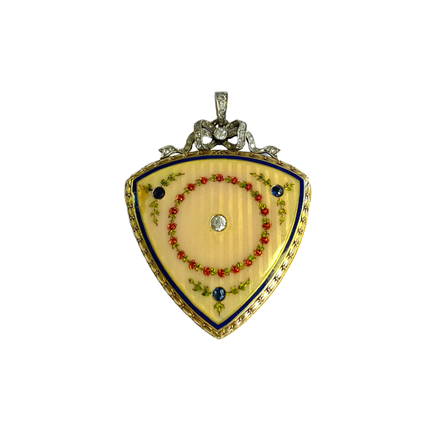 Victorian 18KT Yellow Gold Enamel, Diamond & Sapphire Locket front