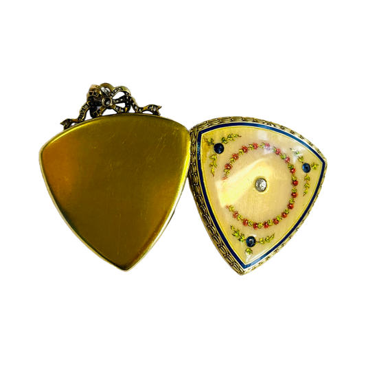 Victorian 18KT Yellow Gold Enamel, Diamond & Sapphire Locket open