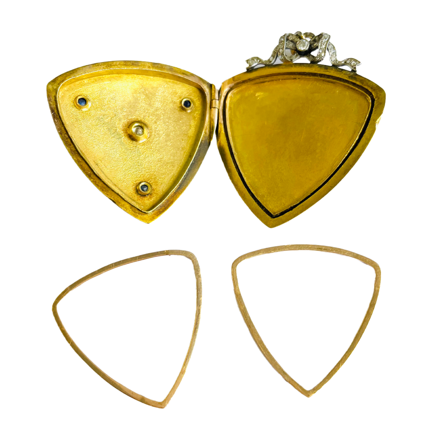 Victorian 18KT Yellow Gold Enamel, Diamond & Sapphire Locket open, frames removed