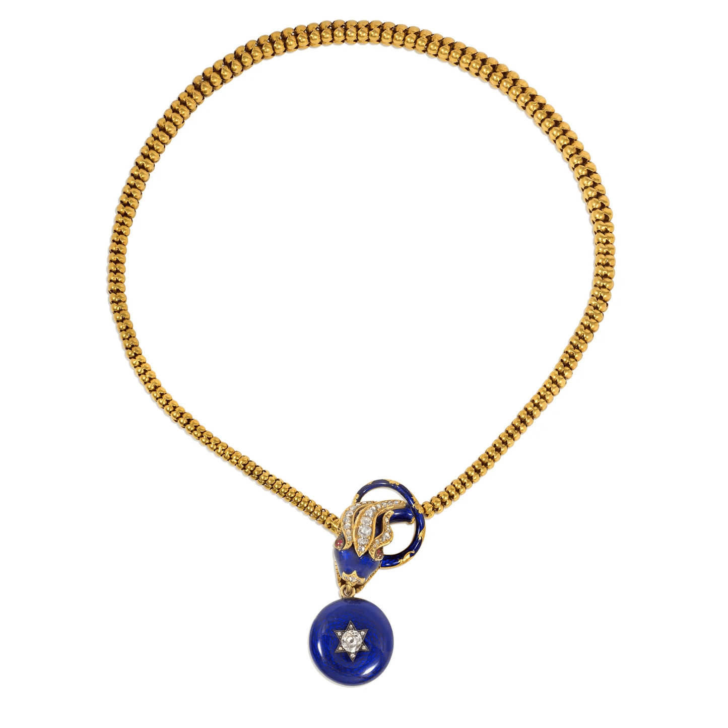 Victorian 18KT Yellow Gold Diamond, Enamel & Ruby Snake Locket Necklace front