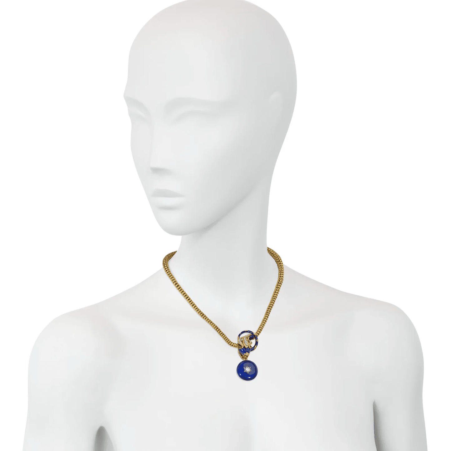 Victorian 18KT Yellow Gold Diamond, Enamel & Ruby Snake Locket Necklace worn on neck