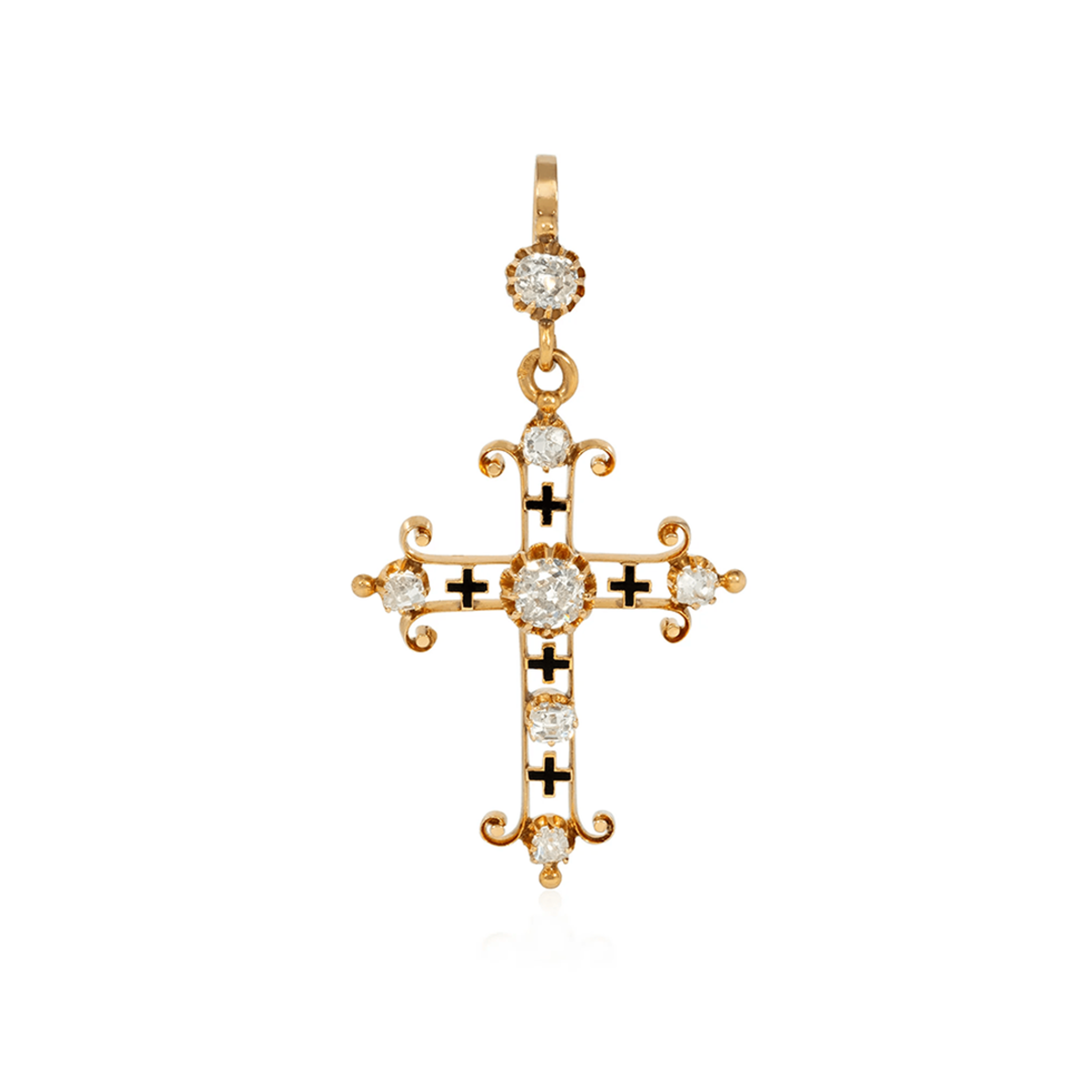 French Antique 18KT Yellow Gold Diamond & Enamel Cross Pendant front
