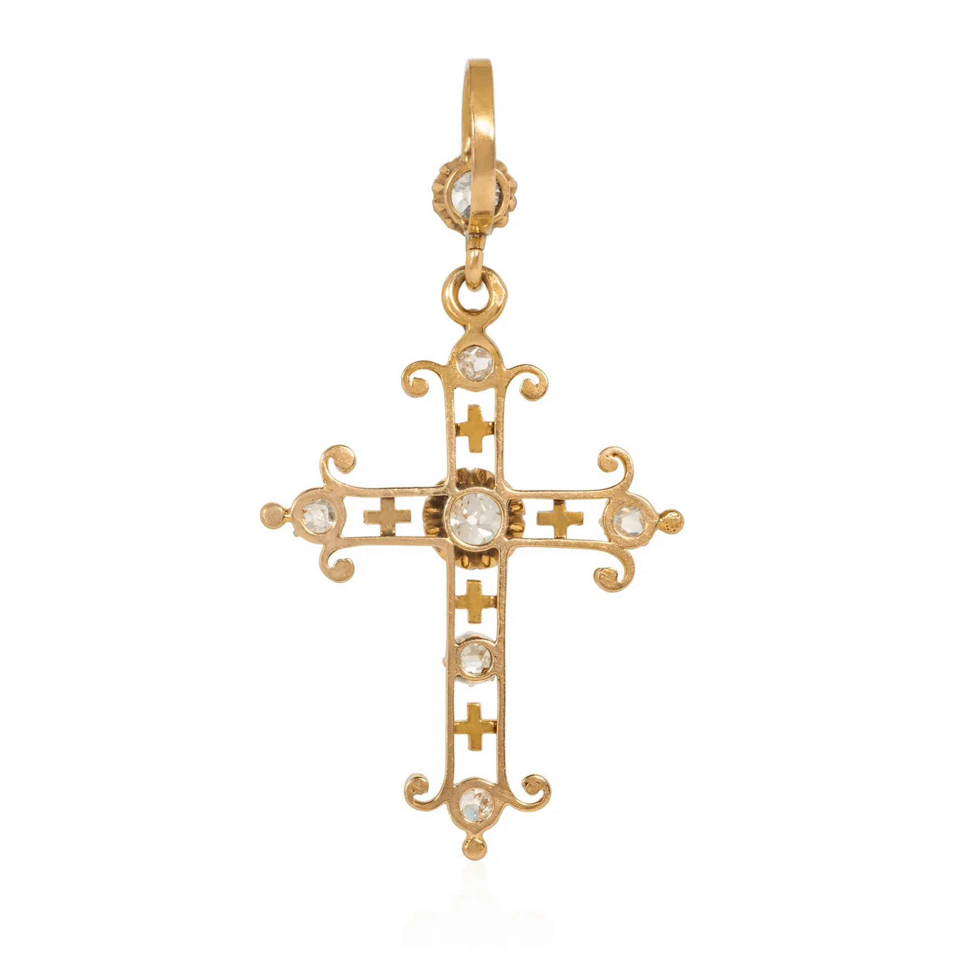 French Antique 18KT Yellow Gold Diamond & Enamel Cross Pendant back