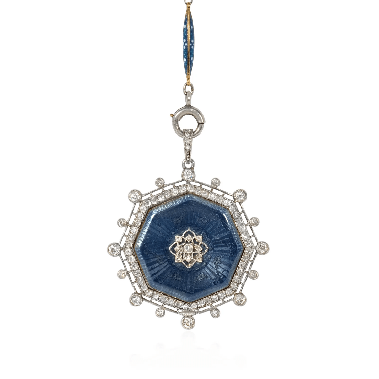 Tiffany & Co. Edwardian Platinum & 14KT Yellow Gold Diamond & Enamel Watch Pendant Necklace close-up front