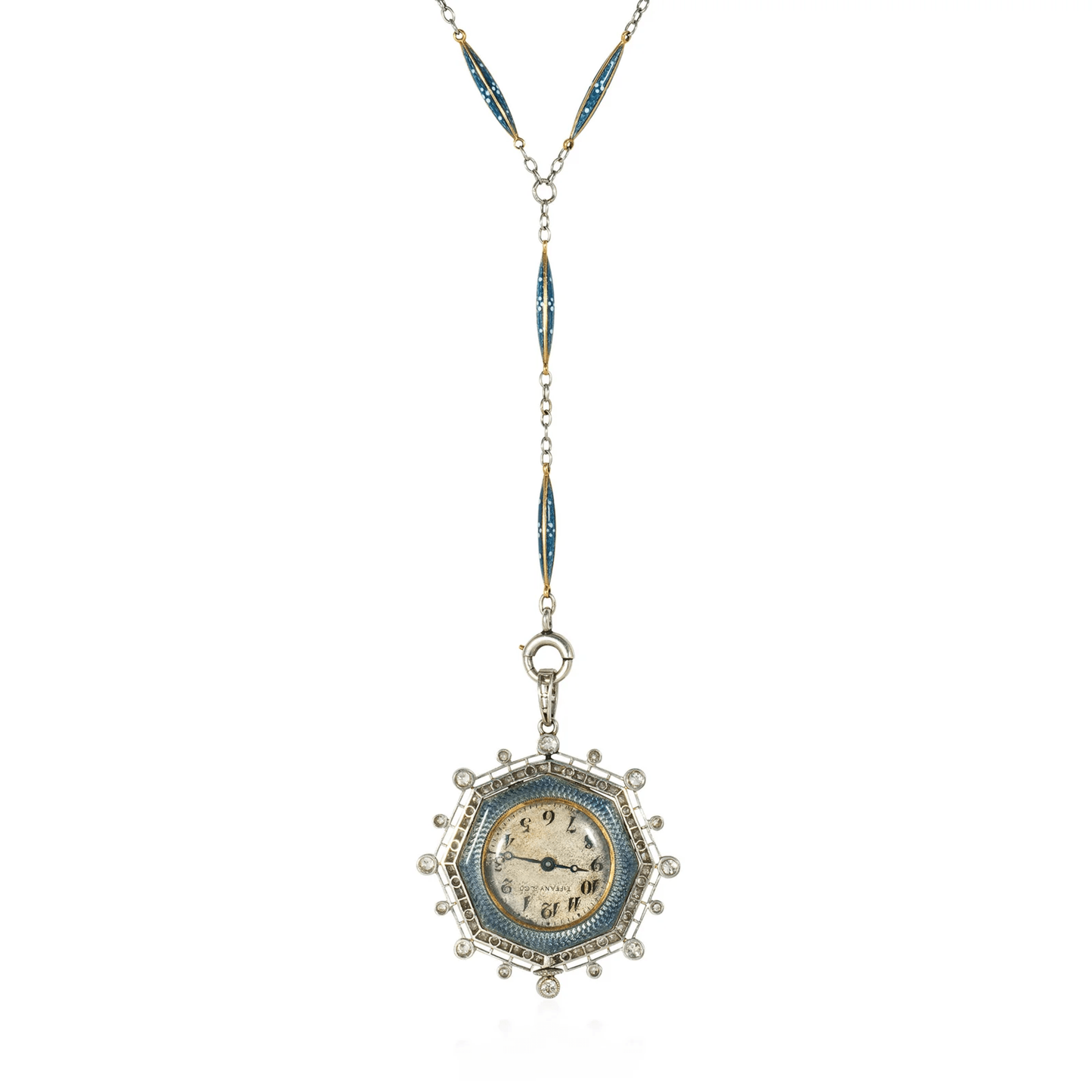 Tiffany & Co. Edwardian Platinum & 14KT Yellow Gold Diamond & Enamel Watch Pendant Necklace watch face
