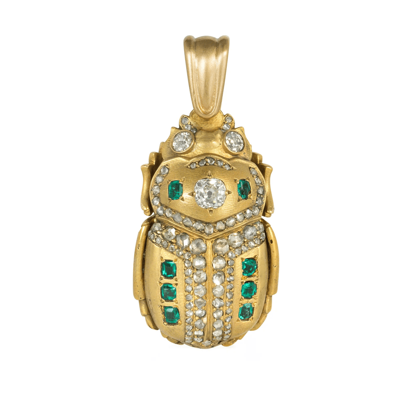 Antique Egyptian Revival 18KT Yellow Gold Diamond & Emerald Scarab Pendant/Brooch front