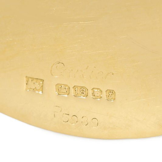 Cartier 1970s 18KT Yellow Gold Commemorative Moon Landing Pendant close-up of signature