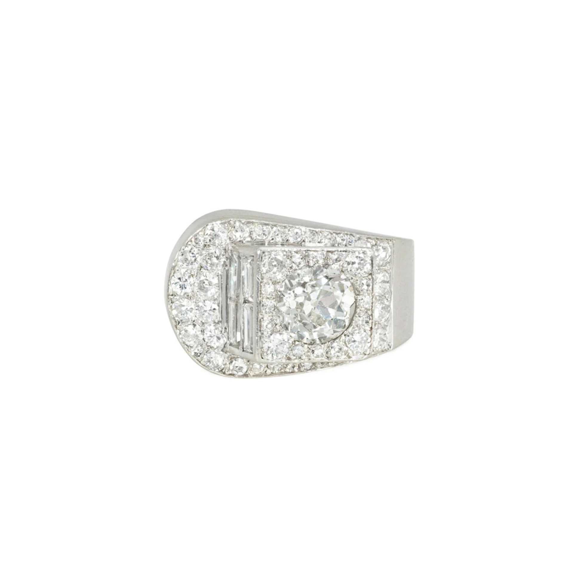 French Art Deco Platinum Diamond Stylized Buckle Ring front