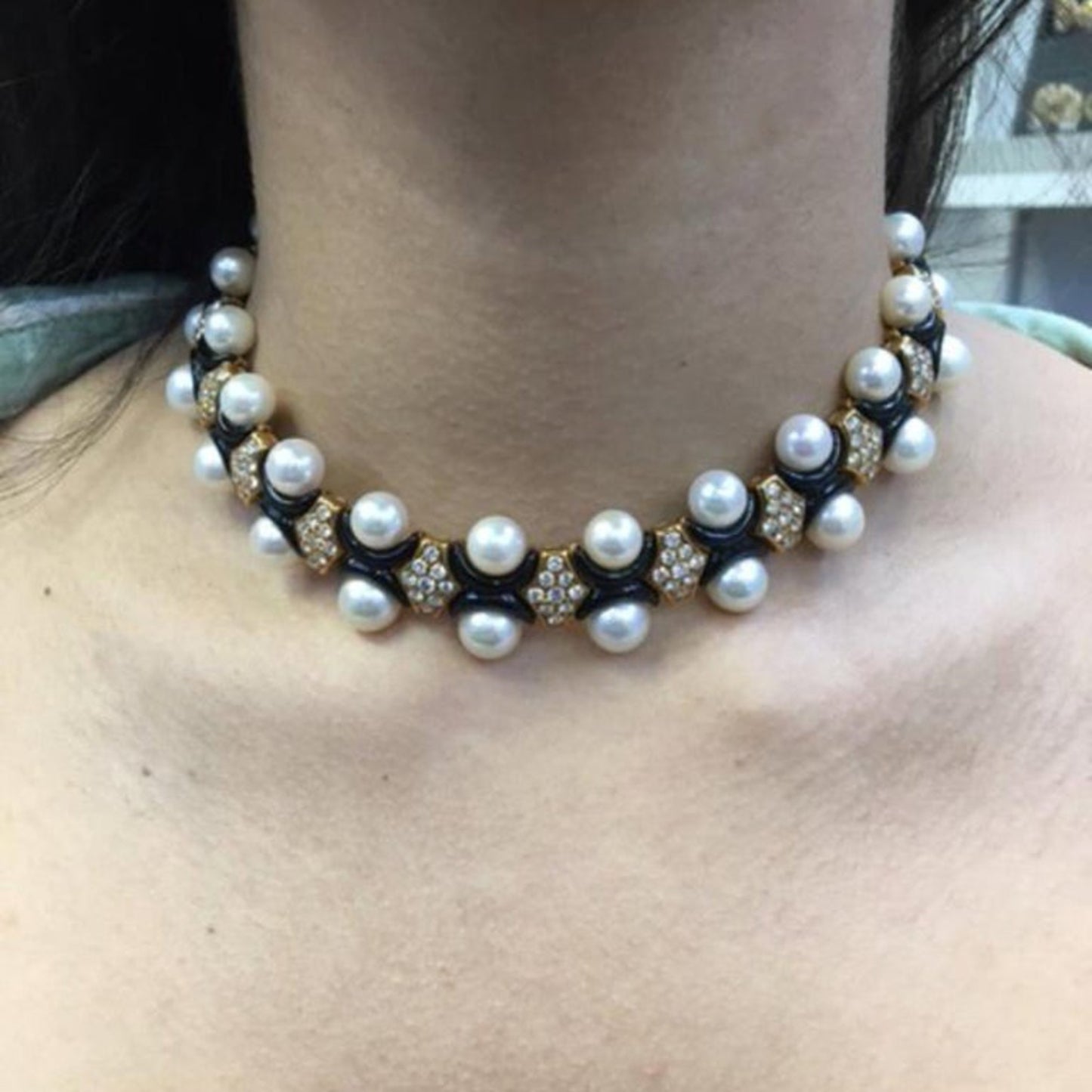 1980s 18KT Rose Gold Cultured Pearl, Diamond & Enamel Earring & Necklace Set worn on neck