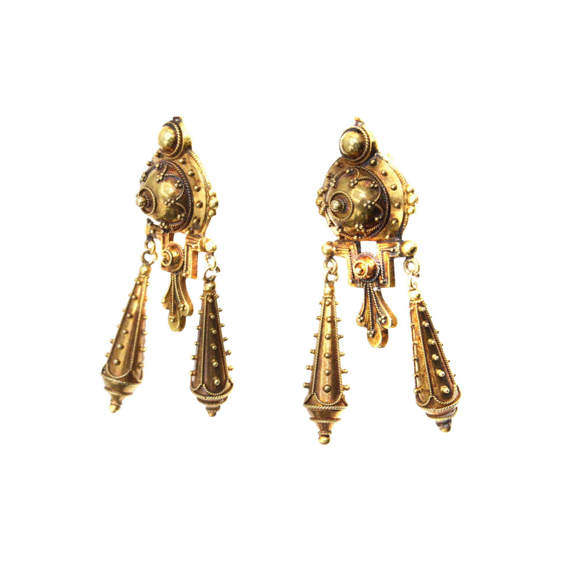 French Victorian Etruscan Revival 18KT Yellow Gold Earrings front