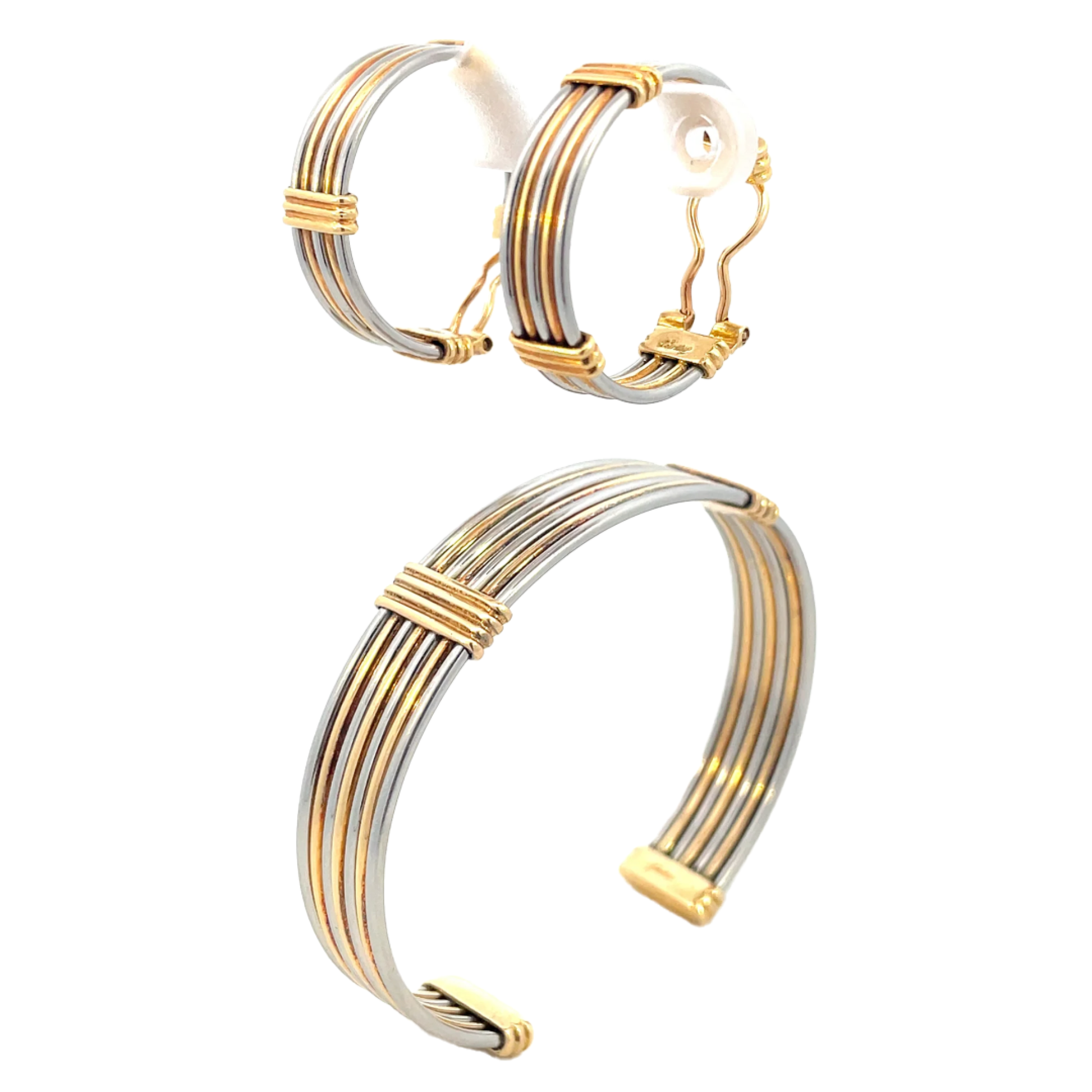 Cartier 1980s 18KT Yellow Gold Stainless Steel Earring & Bangle Bracelet Set front and side