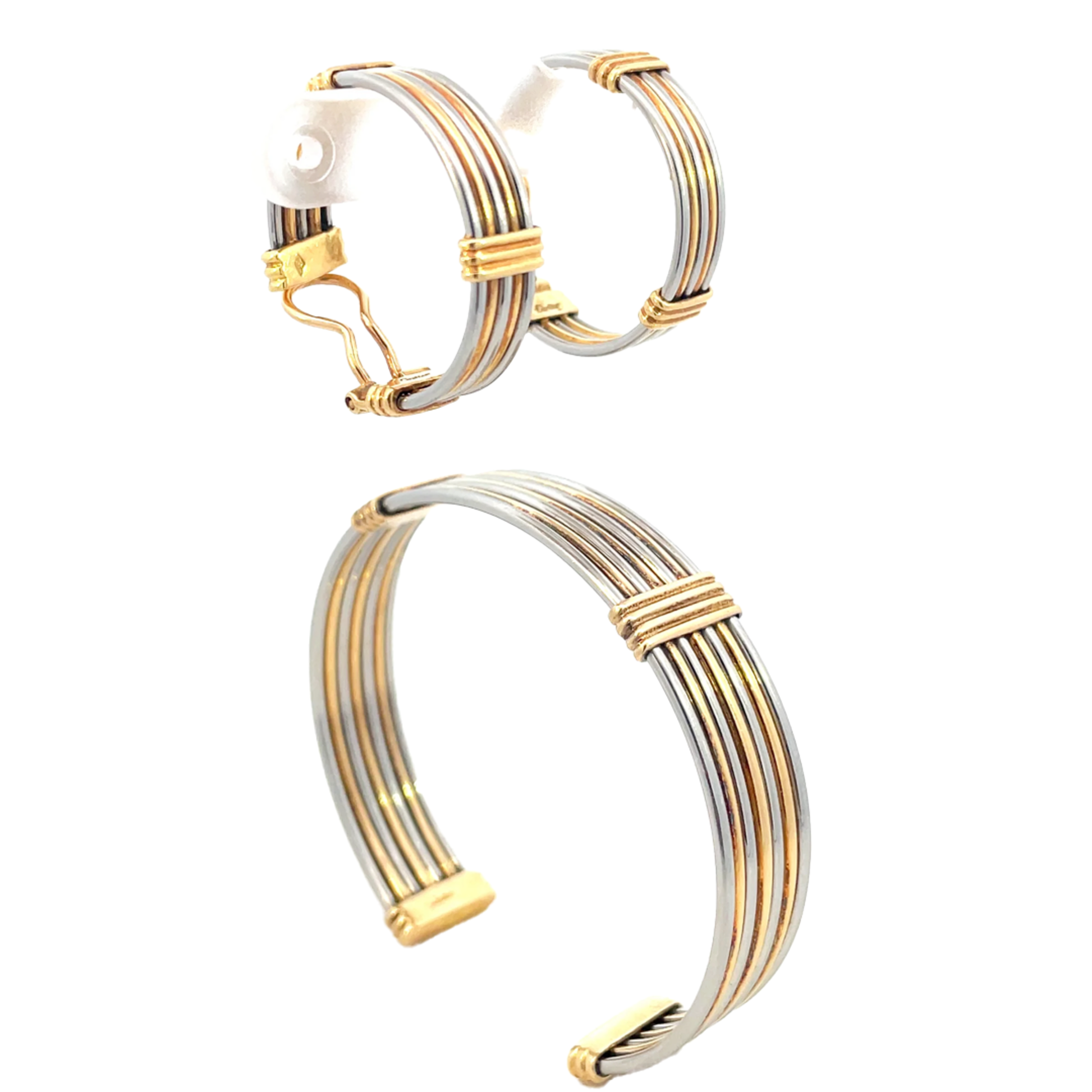 Cartier 1980s 18KT Yellow Gold Stainless Steel Earring & Bangle Bracelet Set front and side
