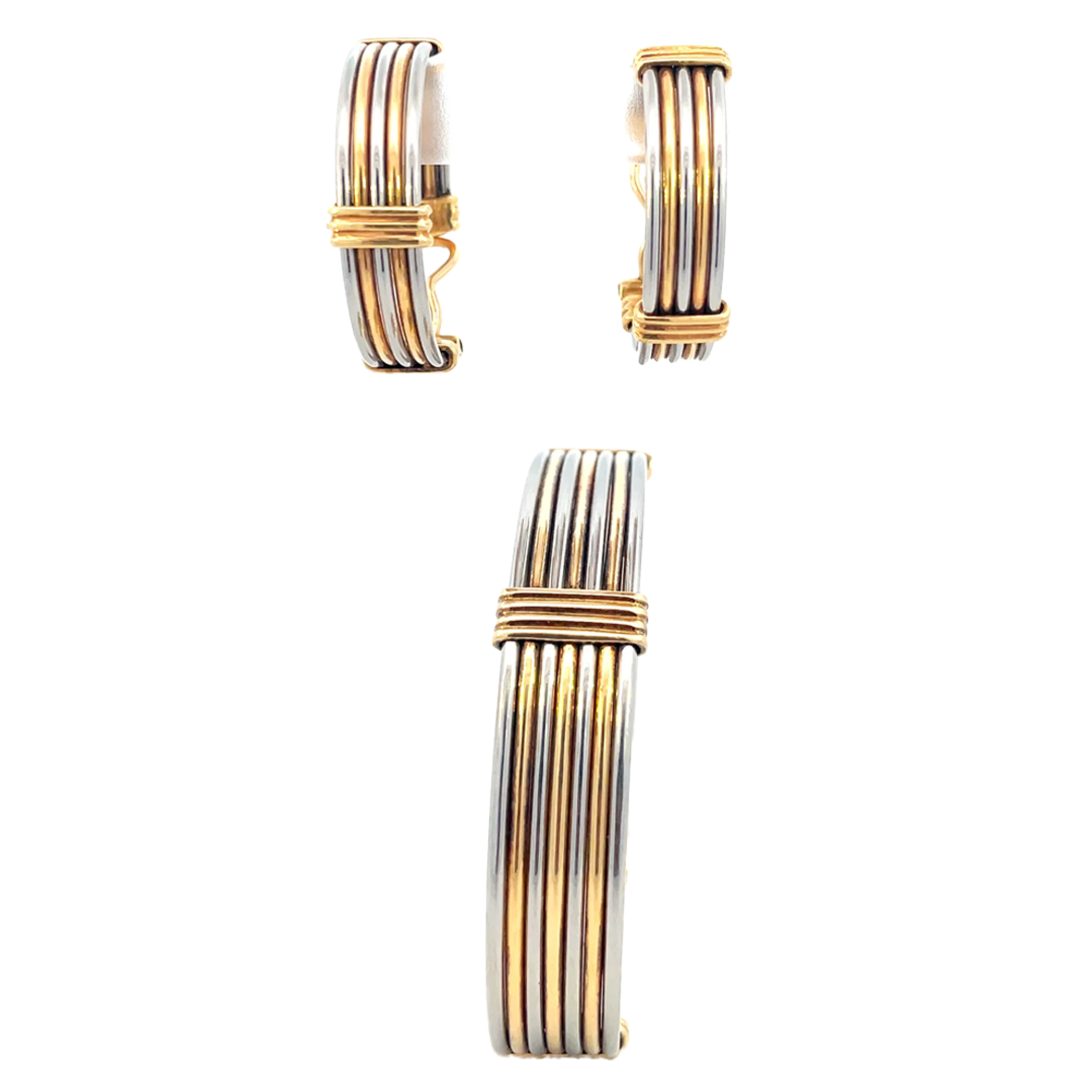 Cartier 1980s 18KT Yellow Gold Stainless Steel Earring & Bangle Bracelet Set front