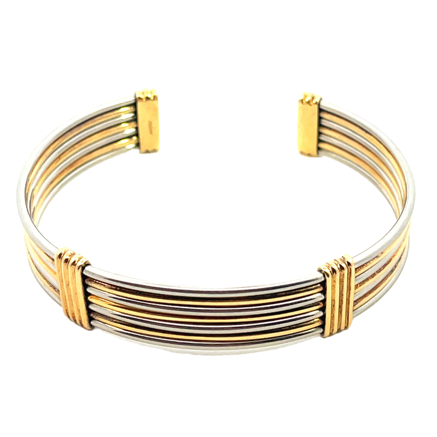 Cartier 1980s 18KT Yellow Gold Stainless Steel Earring & Bangle Bracelet Set bracelet front