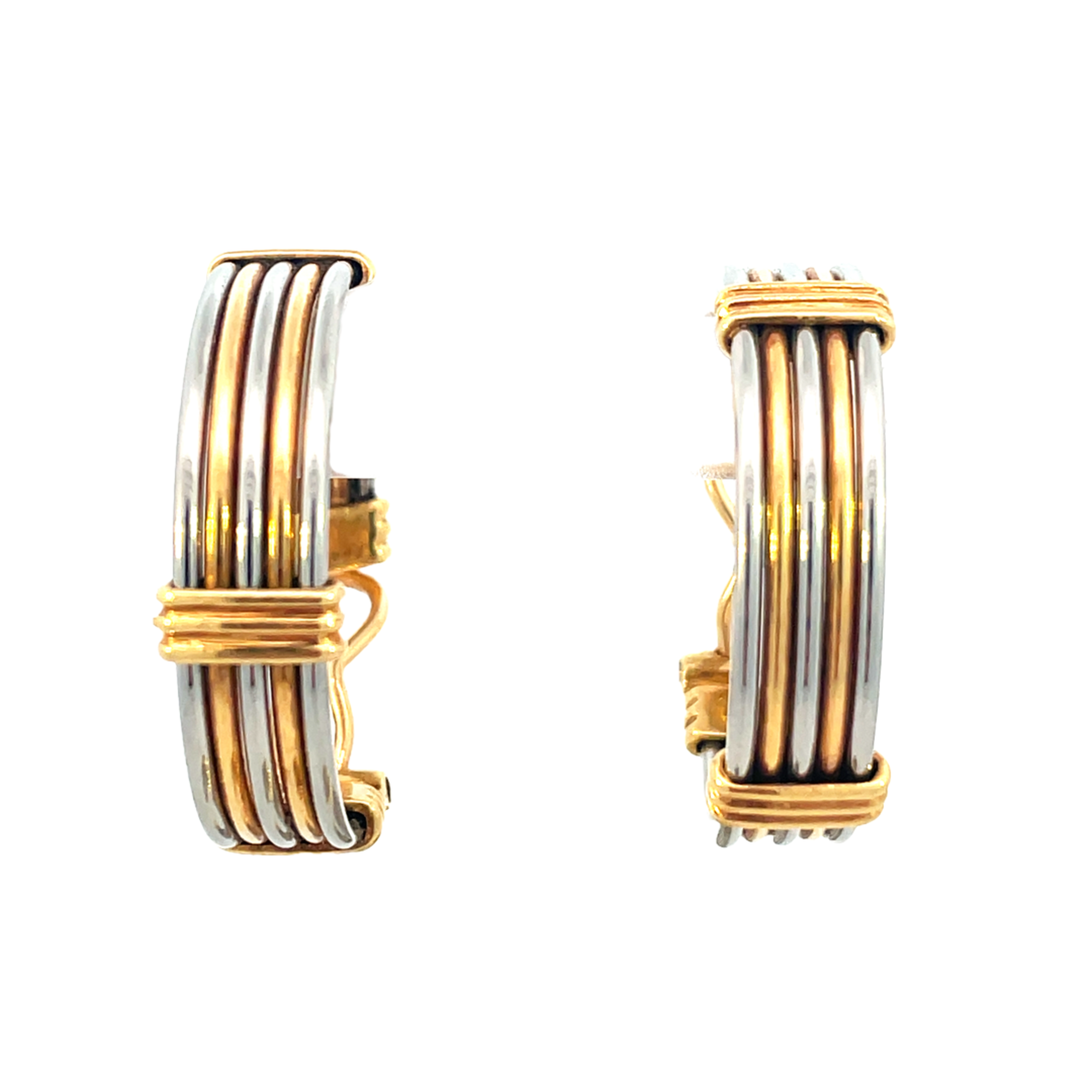 Cartier 1980s 18KT Yellow Gold Stainless Steel Earring & Bangle Bracelet Set earrings front