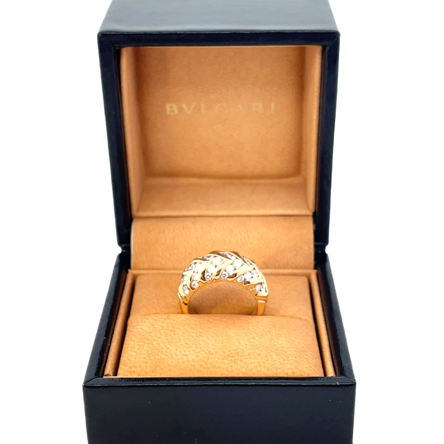 Bulgari 1980s 18KT Yellow Gold Diamond Spiga Ring in original box