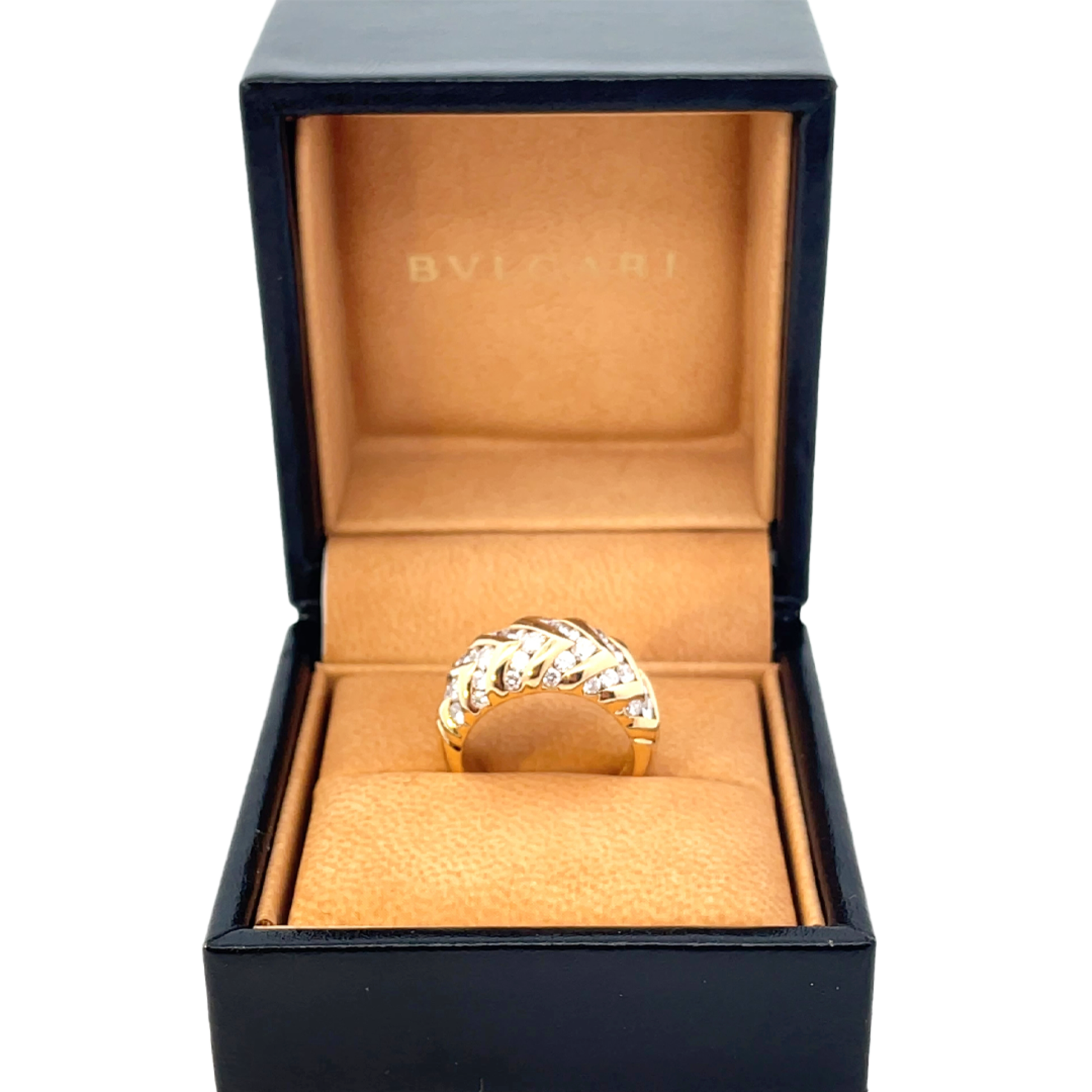 Bulgari 1980s 18KT Yellow Gold Diamond Spiga Ring in original box
