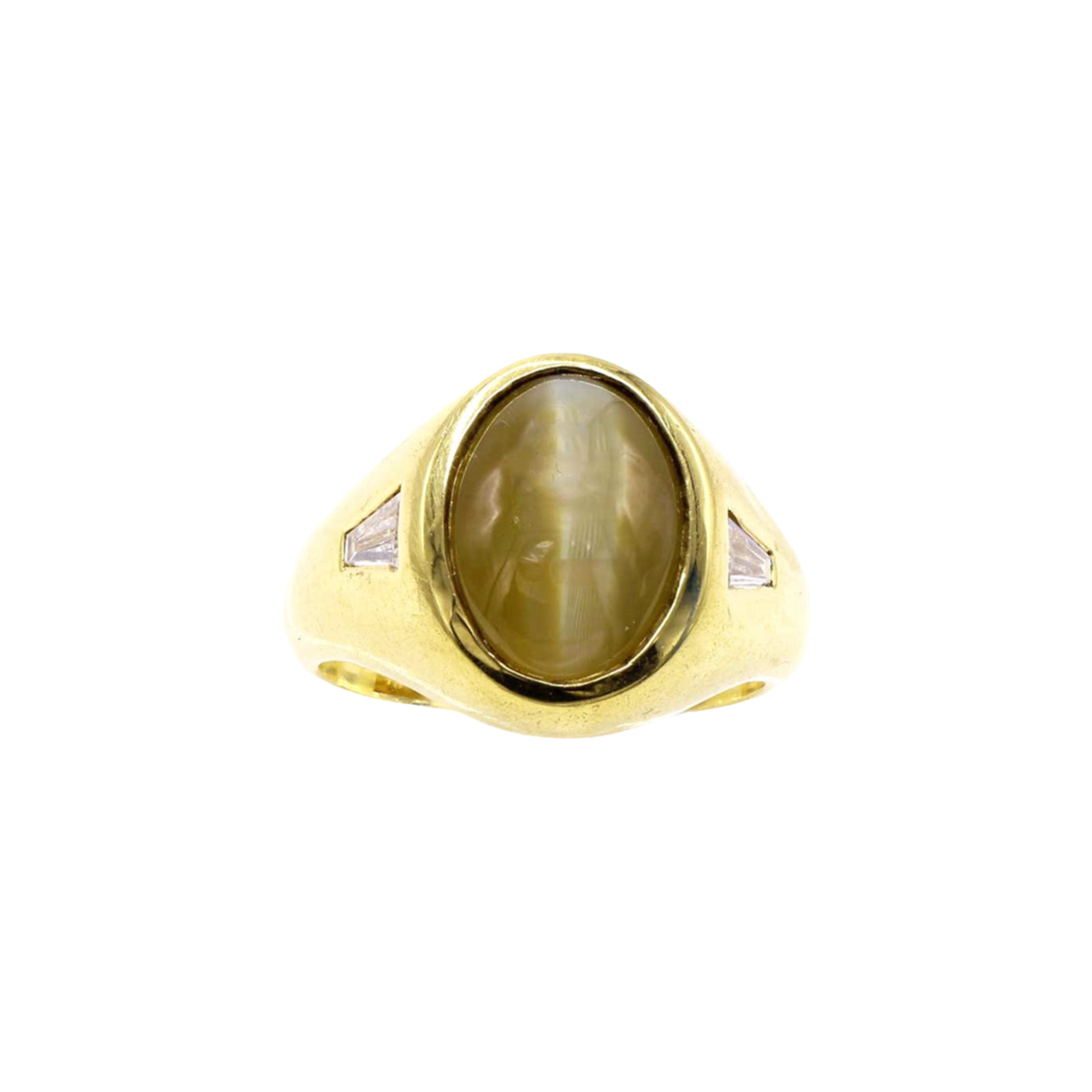 1950s 18KT Yellow Gold Chrysoberyl Cat's Eye & Diamond Ring front