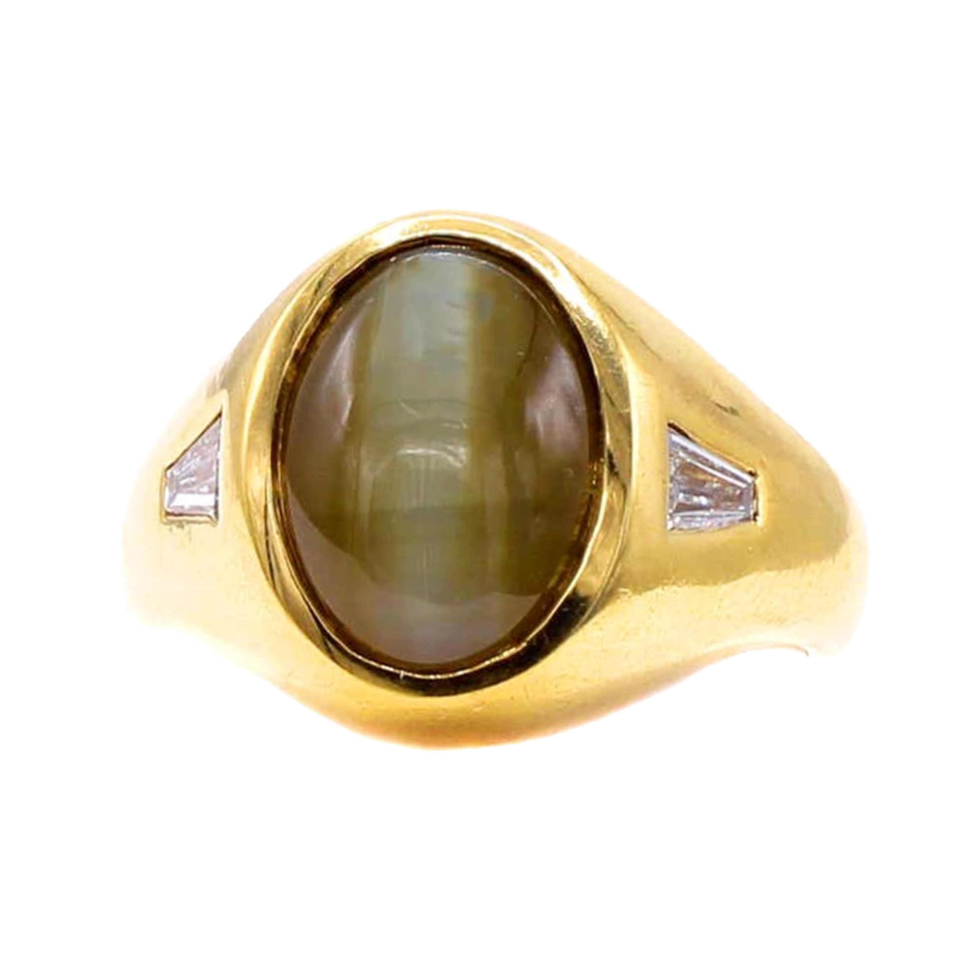 1950s 18KT Yellow Gold Chrysoberyl Cat's Eye & Diamond Ring front