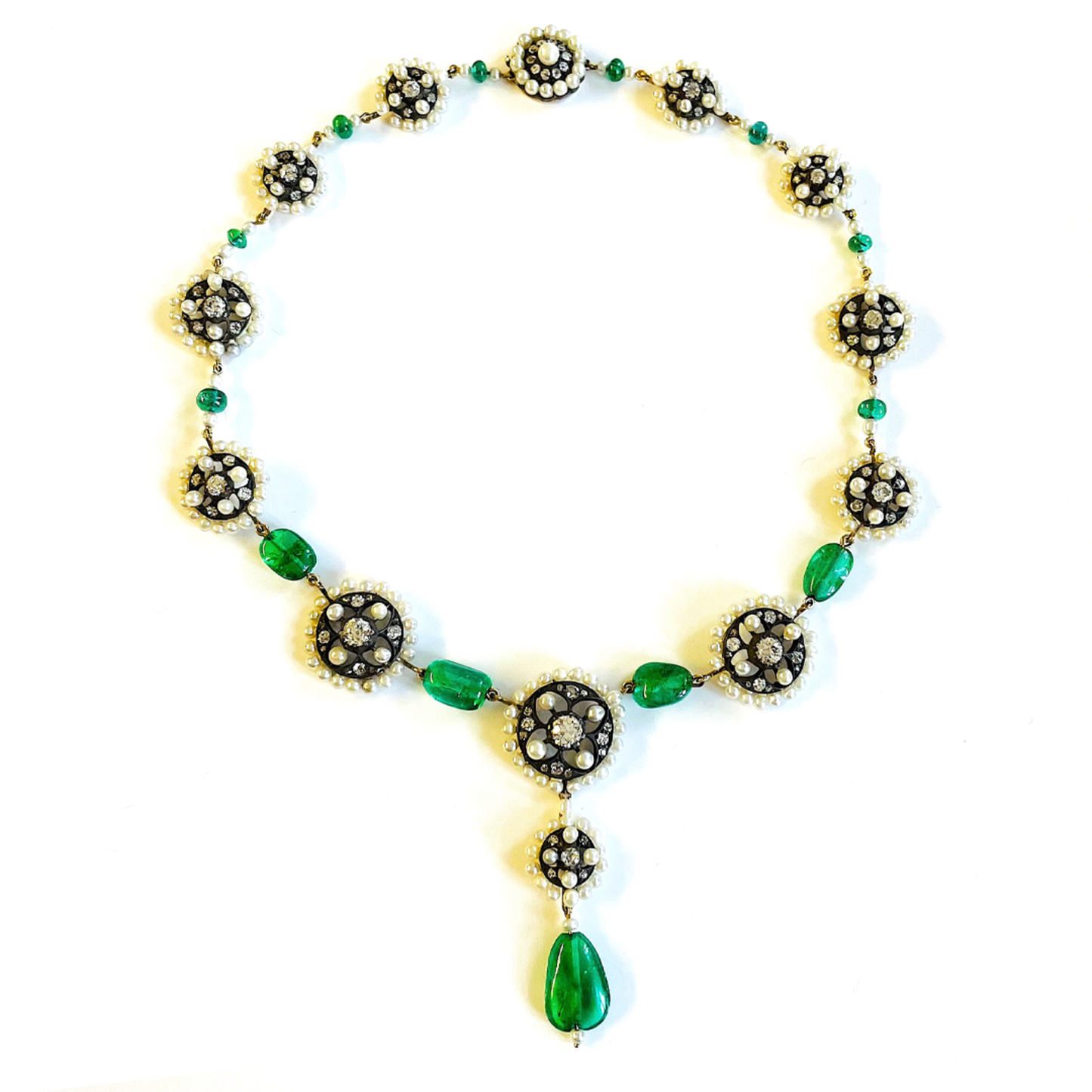 Victorian Silver & 18KT Yellow Gold Emerald, Diamond & Natural Pearl Necklace front