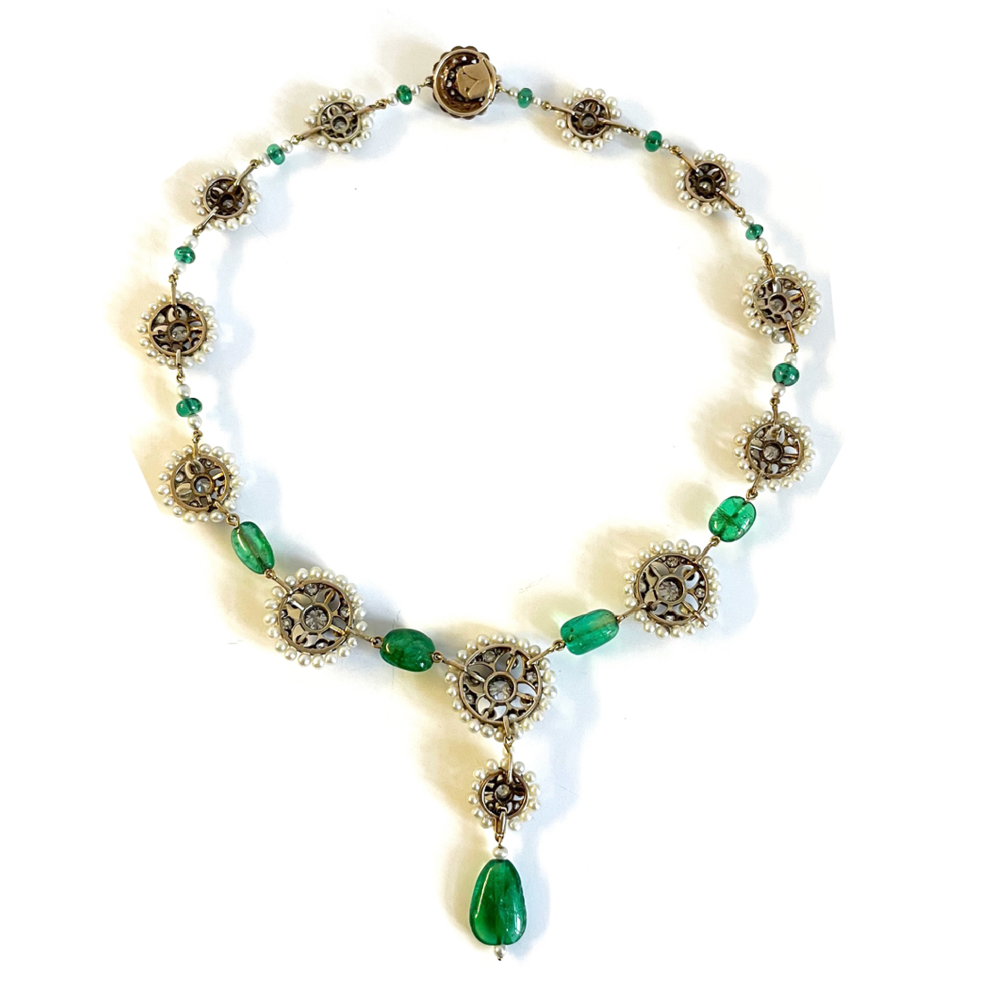 Victorian Silver & 18KT Yellow Gold Emerald, Diamond & Natural Pearl Necklace back