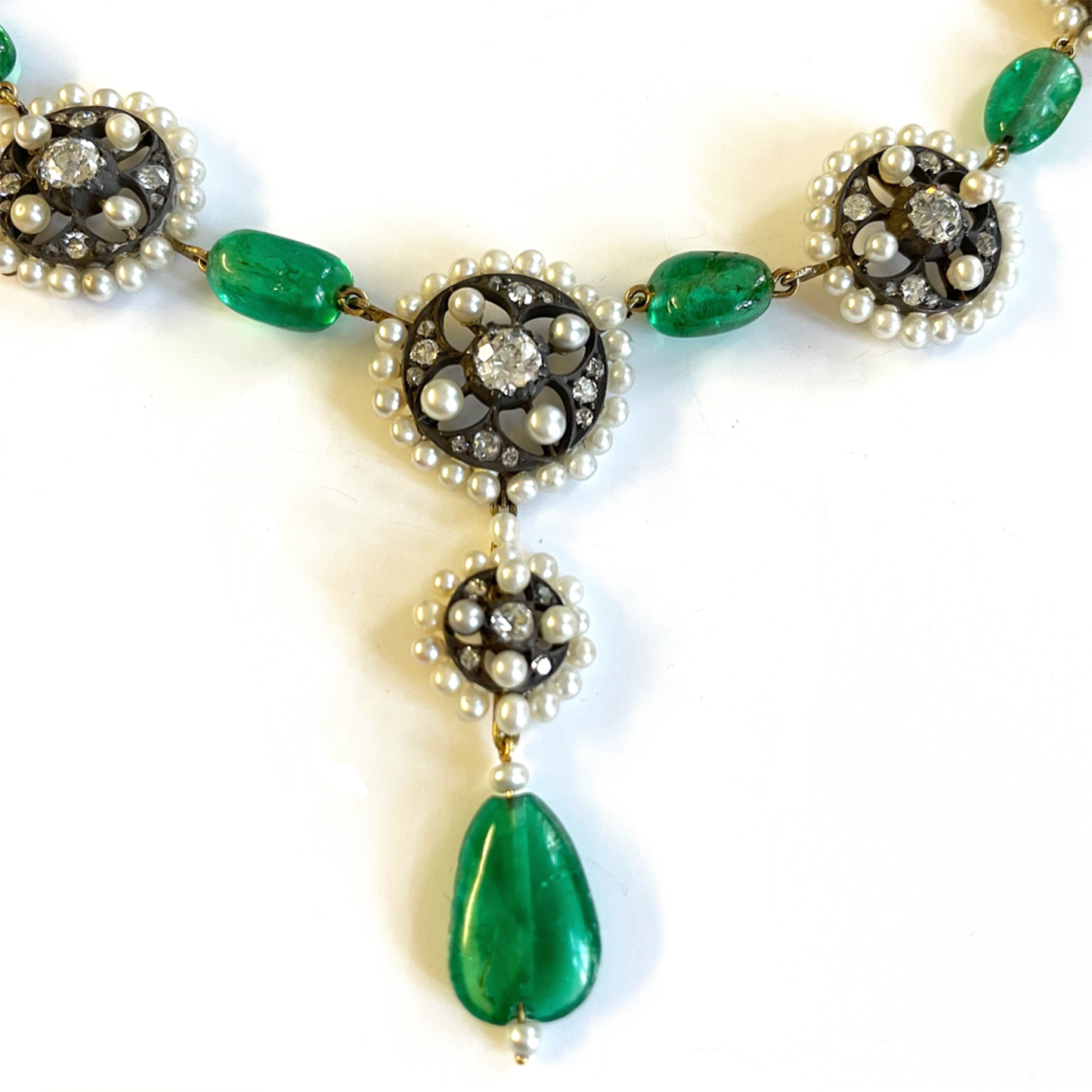 Victorian Silver & 18KT Yellow Gold Emerald, Diamond & Natural Pearl Necklace front close-up details