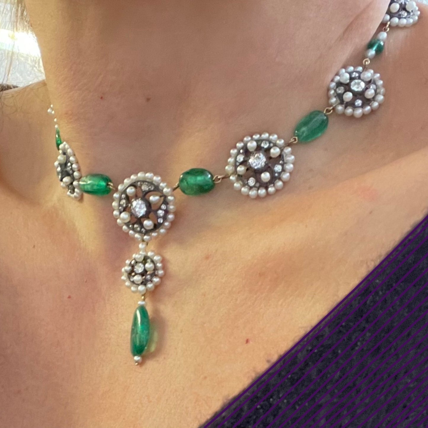 Victorian Silver & 18KT Yellow Gold Emerald, Diamond & Natural Pearl Necklace worn on neck