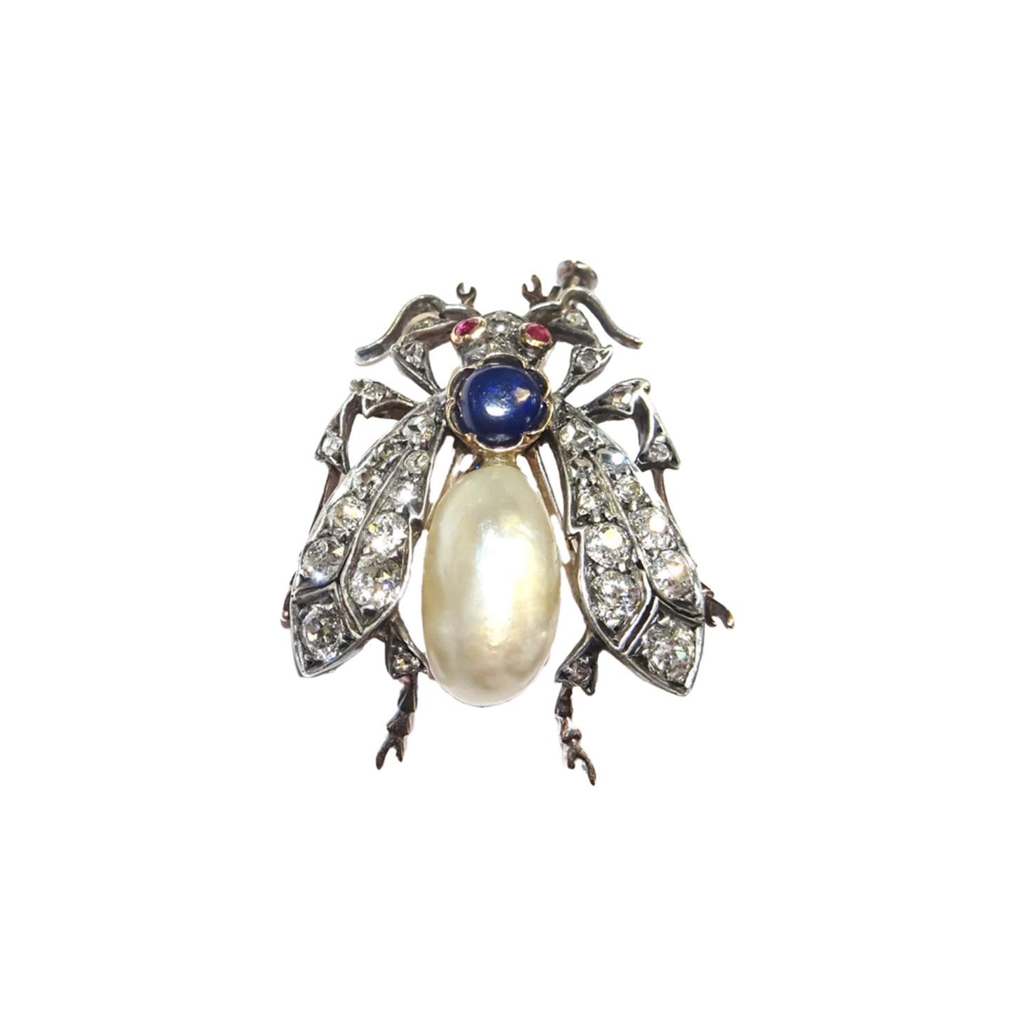 Victorian Silver & 18KT Yellow Gold Natural Pearl, Diamond, Ruby & Sapphire Fly Brooch front