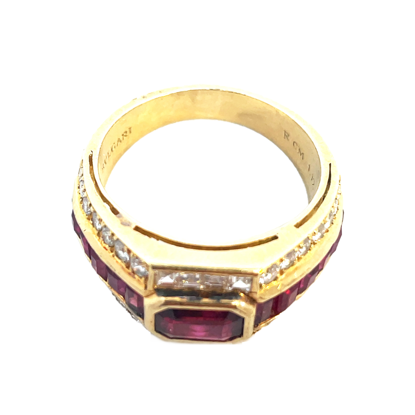 Bulgari 1980s 18KT Yellow Gold Ruby & Diamond Trombino Ring close-up of signature