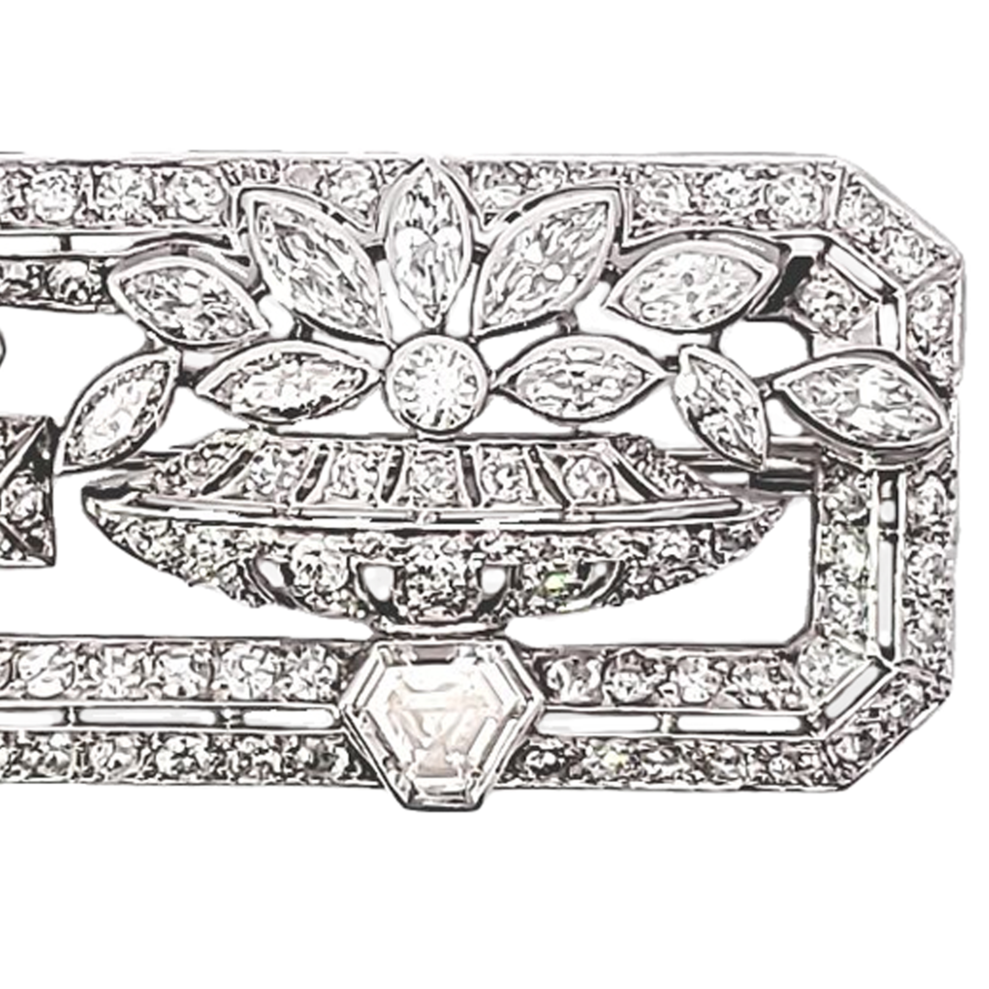 French Art Deco Platinum Diamond Brooch close-up details