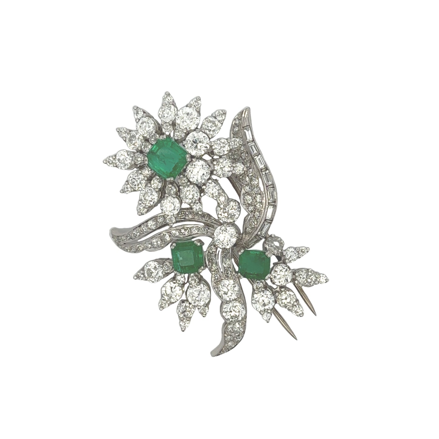 1960s Platinum Diamond & Emerald Flower Brooch front