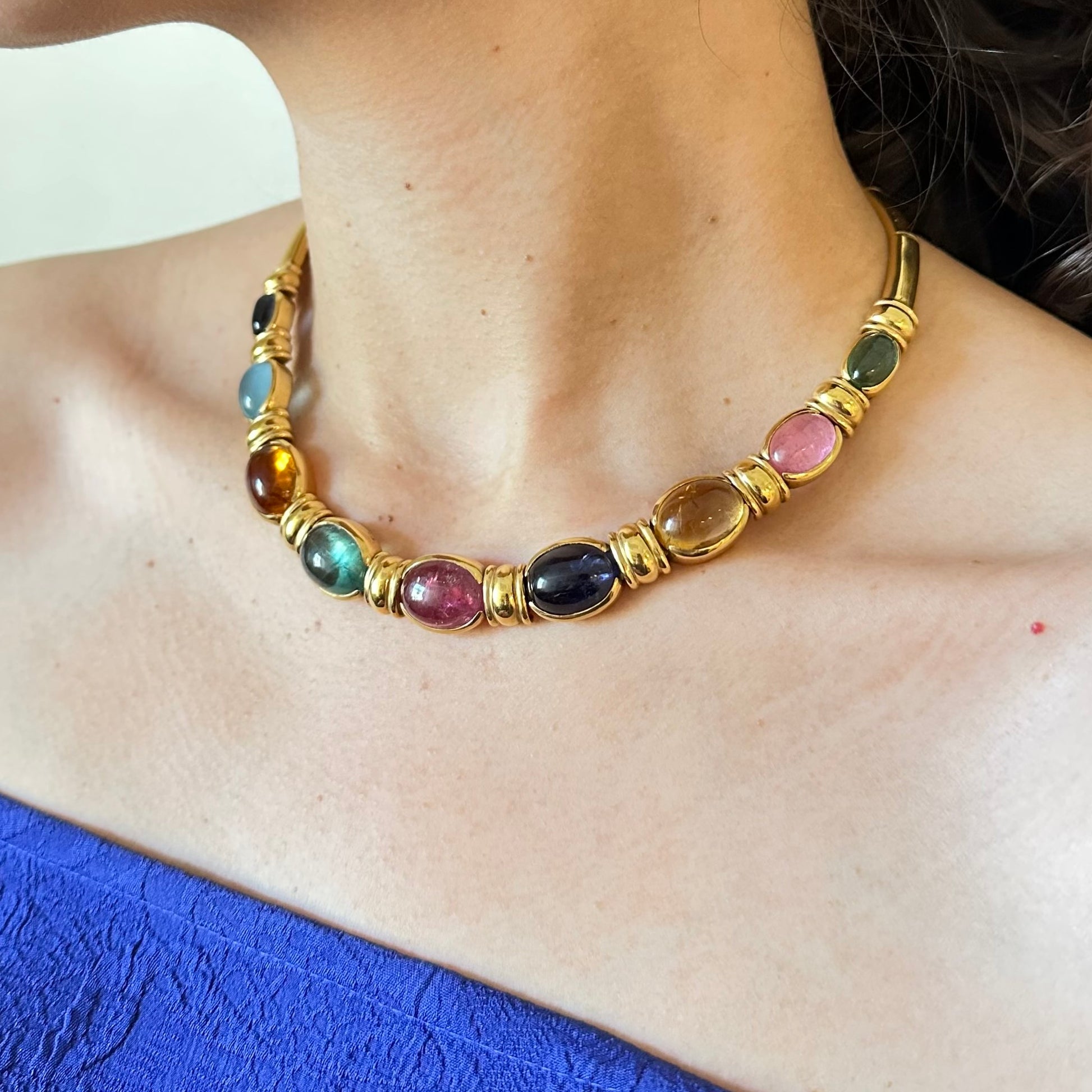 1970s 18KT Yellow Gold Aquamarine, Beryl, Citrine, Iolite & Tourmaline Necklace on neck