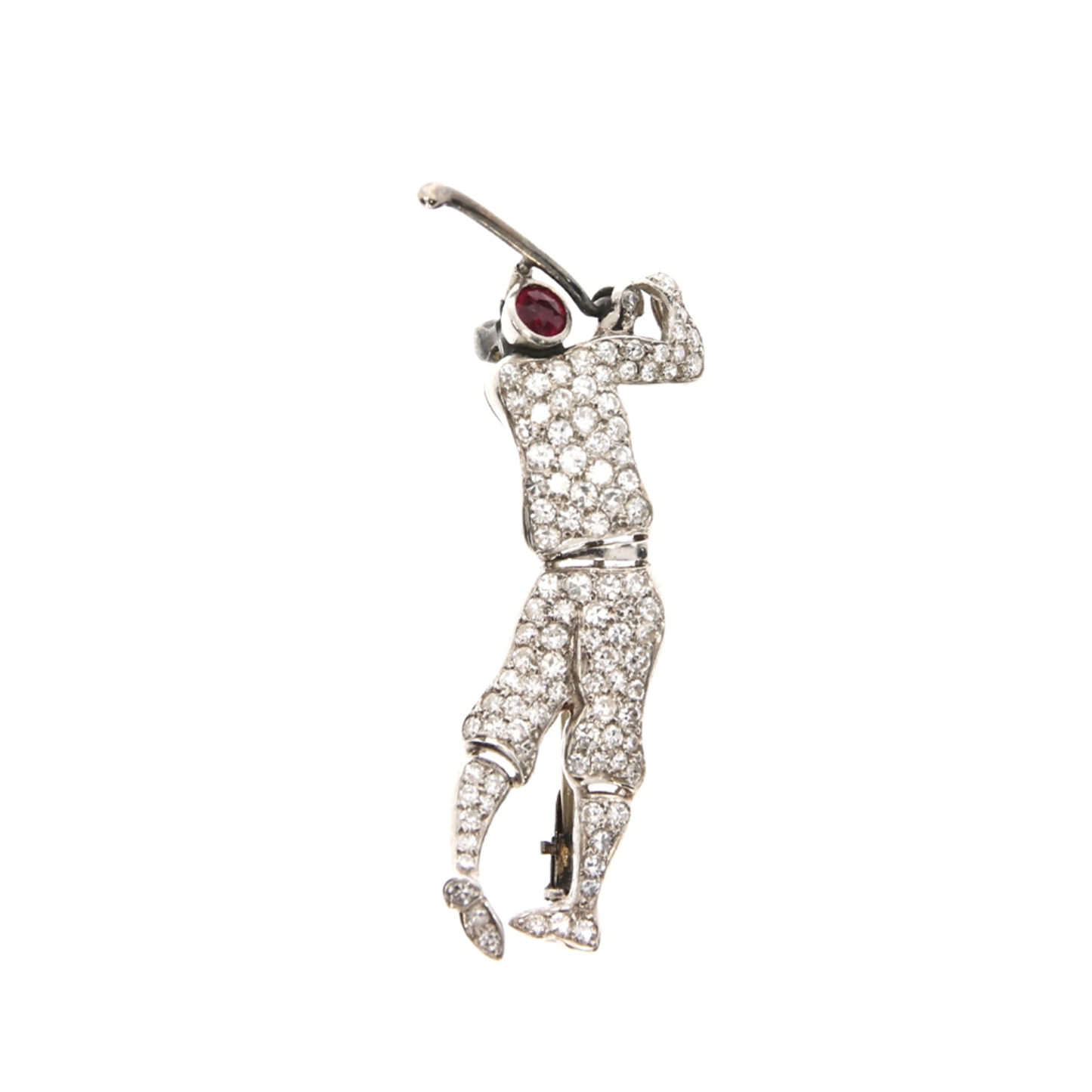 1930s Platinum Diamond & Ruby Golfer Brooch front