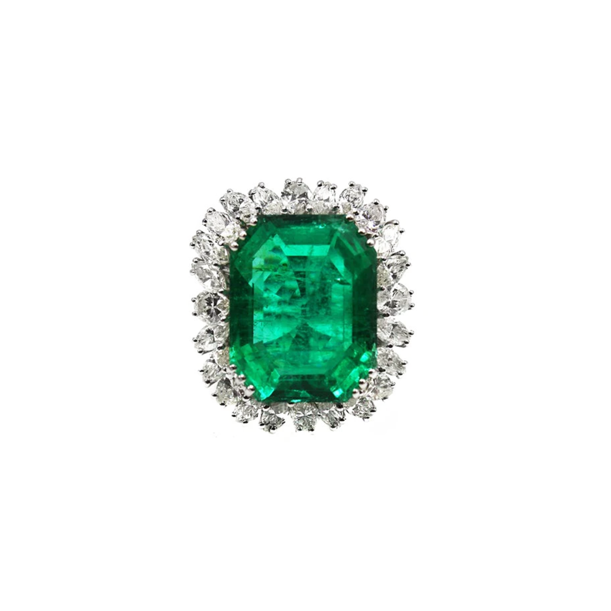 1970s 18KT White Gold Emerald & Diamond Ring front