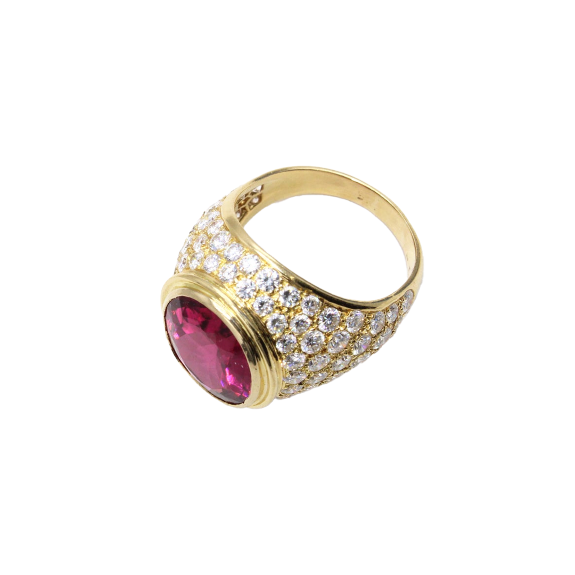 1980s 18KT Yellow Gold Rubellite Tourmaline & Diamond Ring top