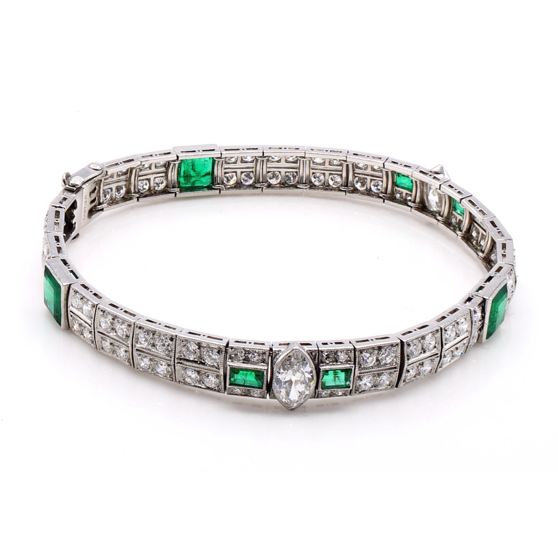Cartier Art Deco Platinum Diamond & Emerald Bracelet front