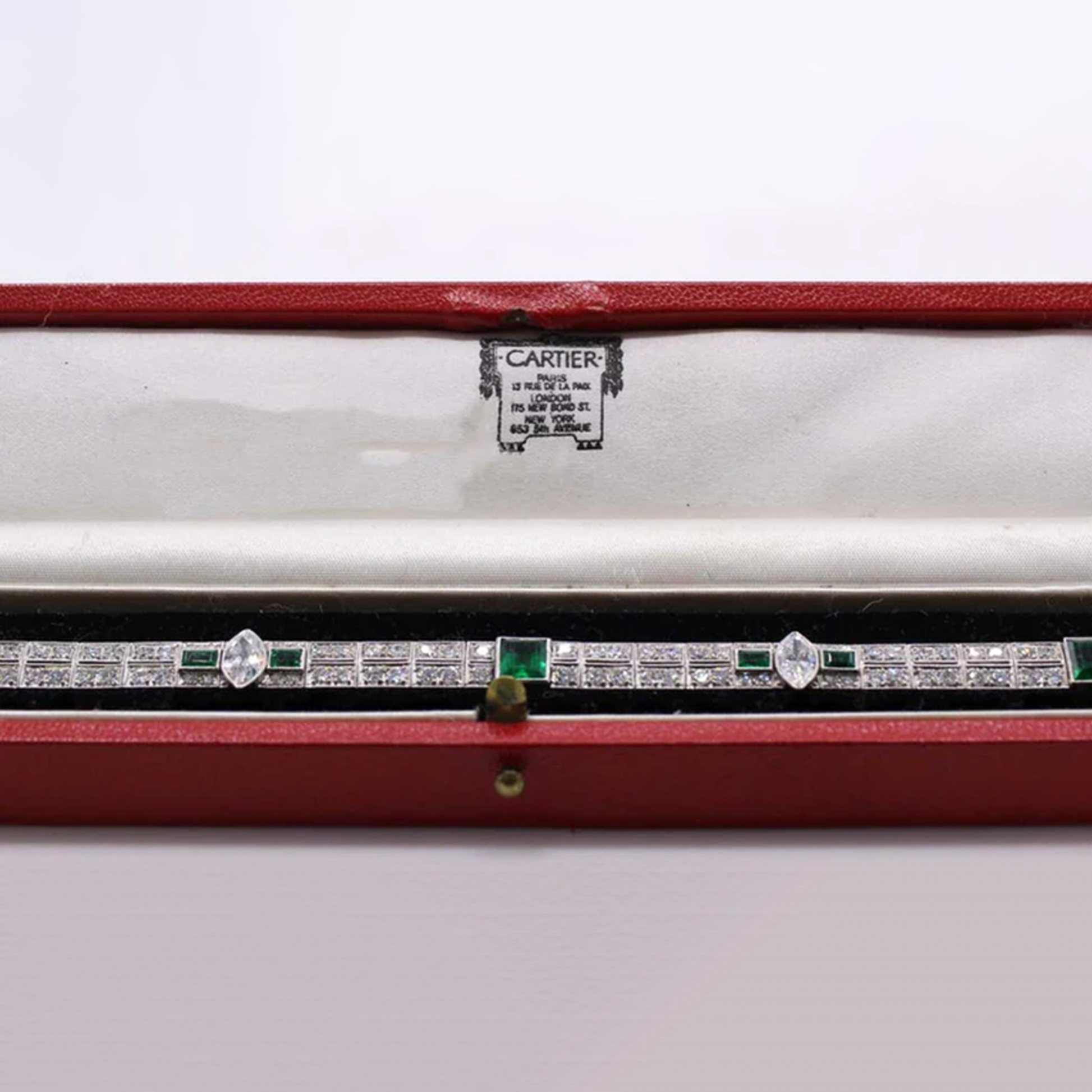 Cartier Art Deco Platinum Diamond & Emerald Bracelet in Cartier box